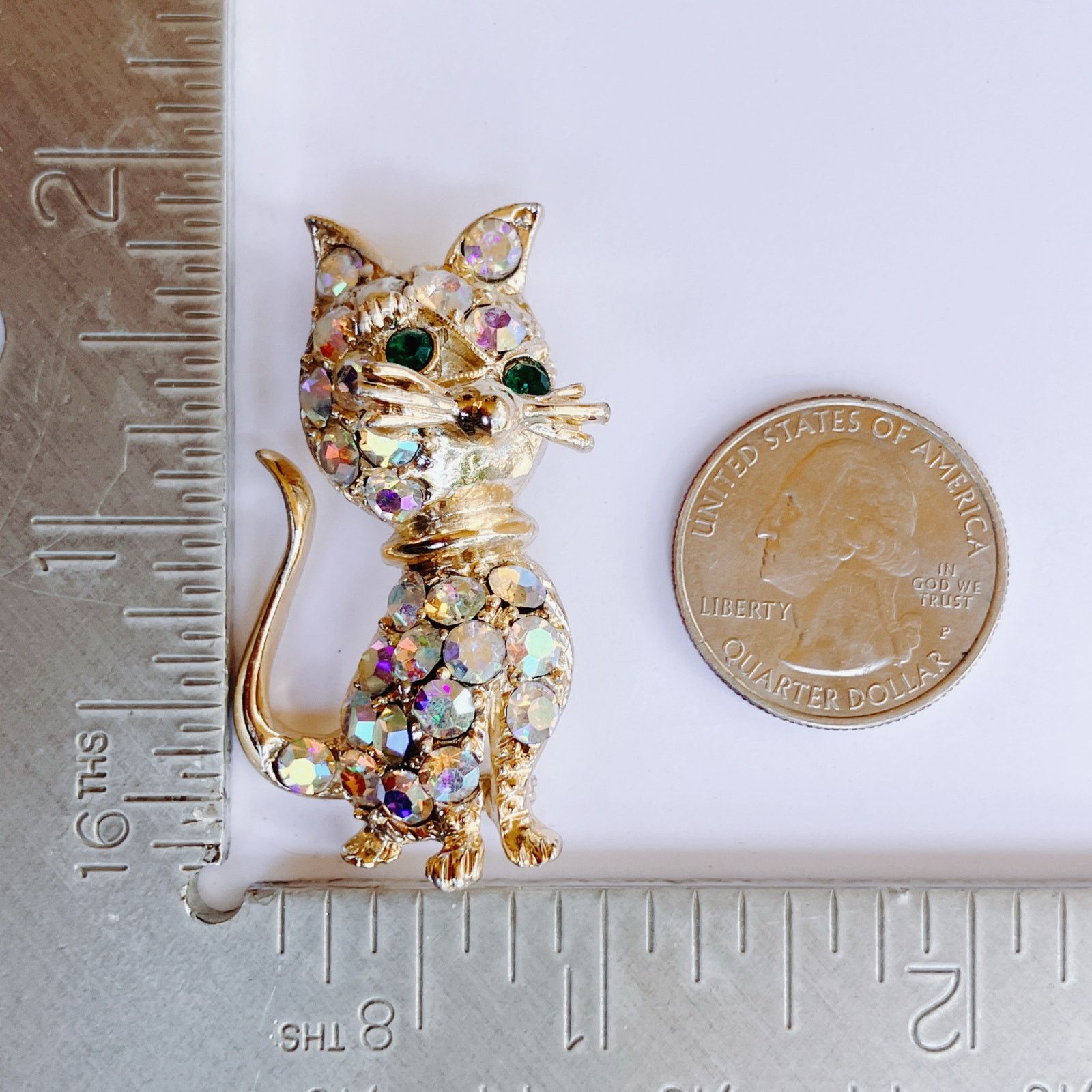 Vintage Vintage Mid Century Cat Brooch AB Rhinestones Kitschy Size ONE SIZE - 9 Thumbnail