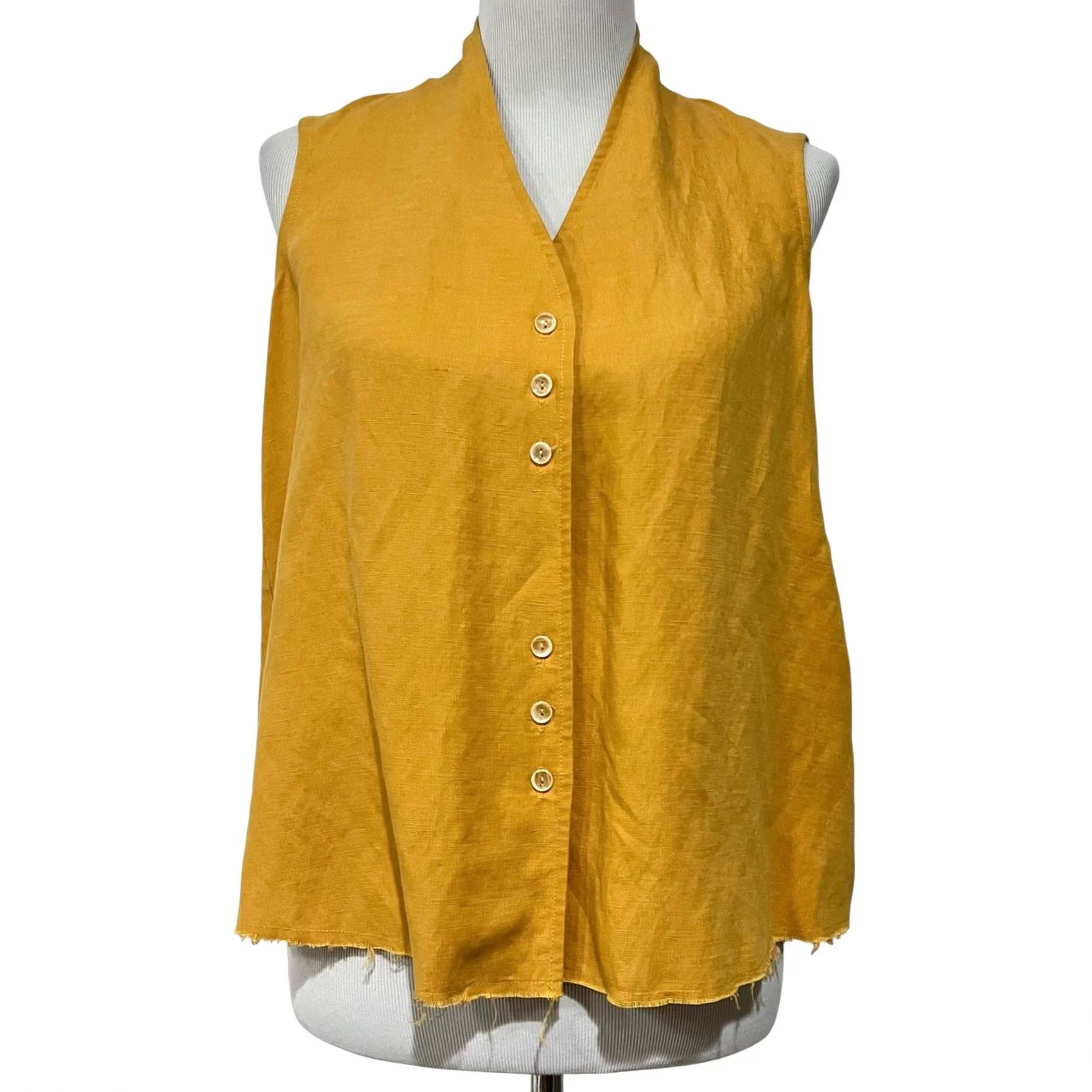 Vintage Shosh Women’s Top Linen Blend Sleeveless Button Front V-Neck XS Yellow Blouse (Shosh) Women’s XS Linen Sleeveless Shirt Size XS / US 0-2 / IT 36-38 - 2 Thumbnail