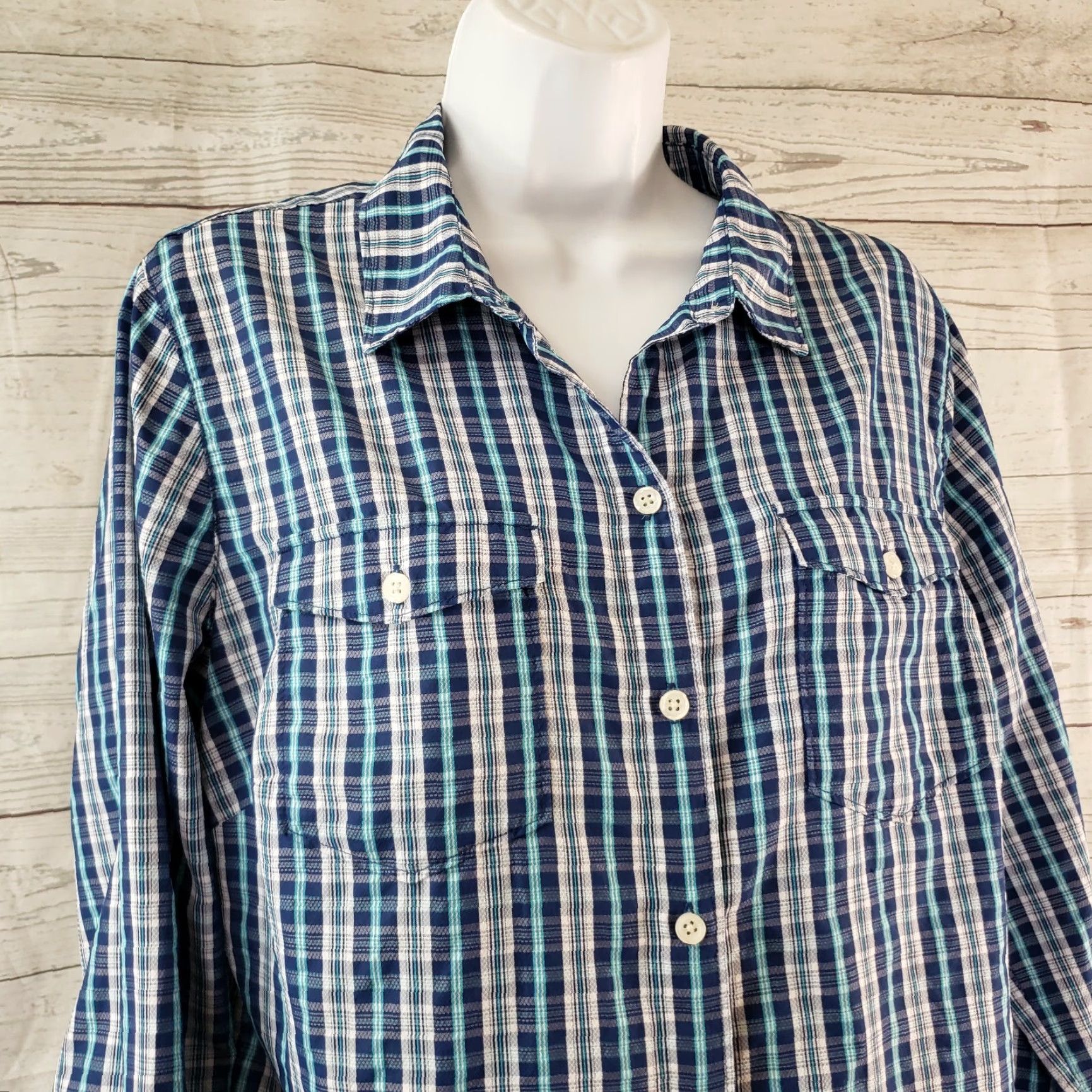 Eddie Bauer Eddie Bauer Women's Button-Front Shirt L Blue Plaid Nylon Blend Shirt, Casual, Long Sleeve, Collared, Regular, Colorful Pattern, Womens Size L / US 10 / IT 46 - 2 Thumbnail