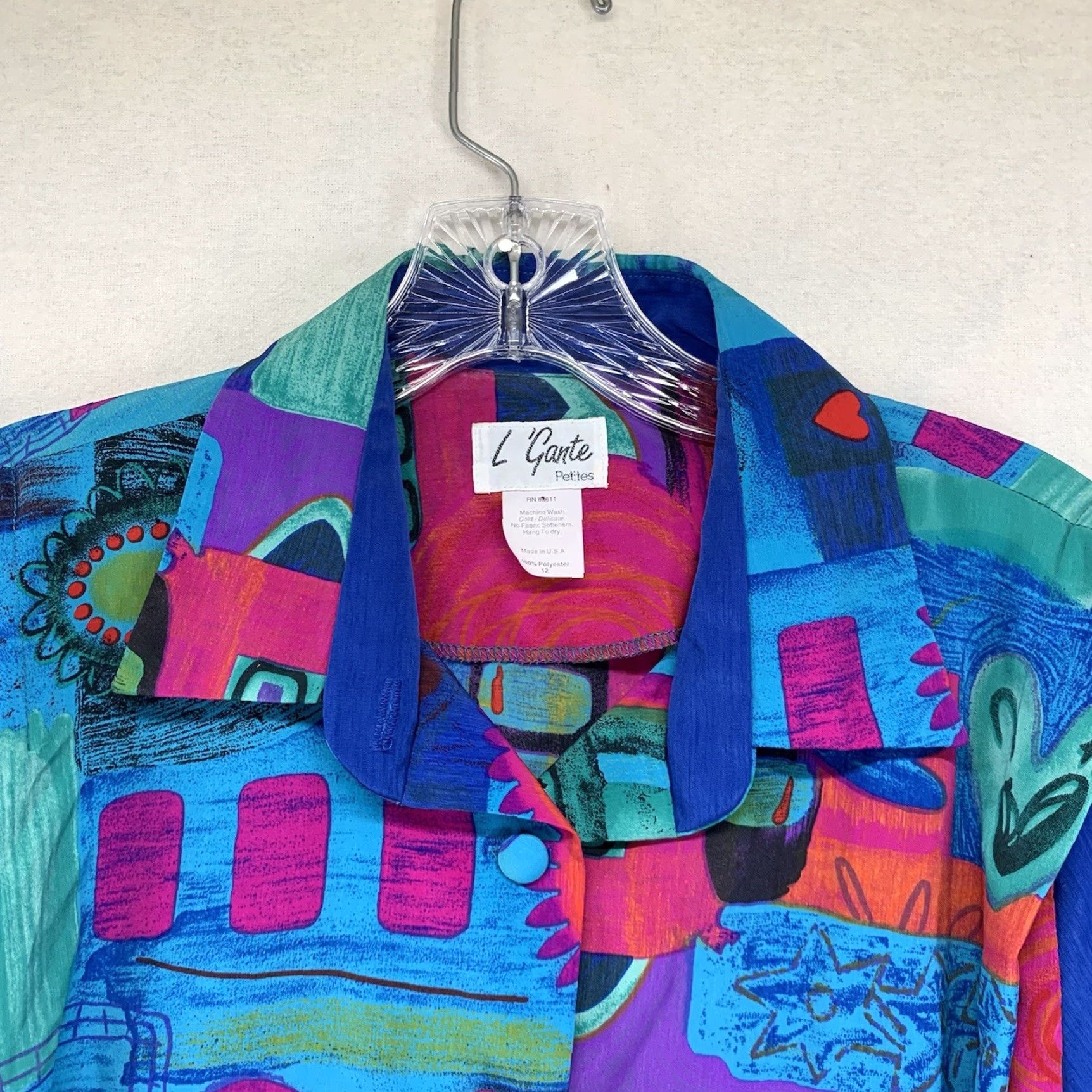 Vintage VINTAGE L ‘Gante PETITES Vibrant Hearts Stars Print Long Sleeve Button-Up 80s Polyester Shirt Size 12P Blues Women Size XL / US 12-14 / IT 48-50 - 6 Thumbnail