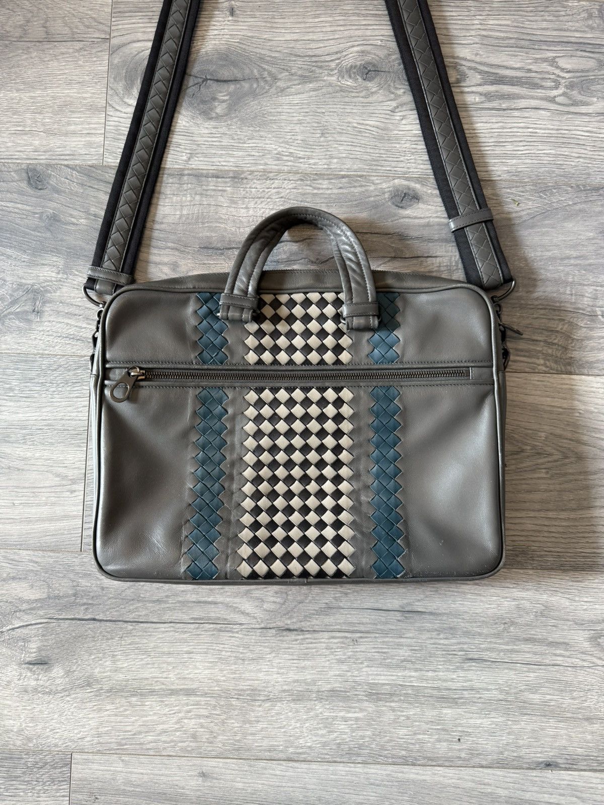 Bottega Veneta Intrecciato Leather Laptop Briefcase Bag in Grey & Teal Size ONE SIZE - 2 Thumbnail
