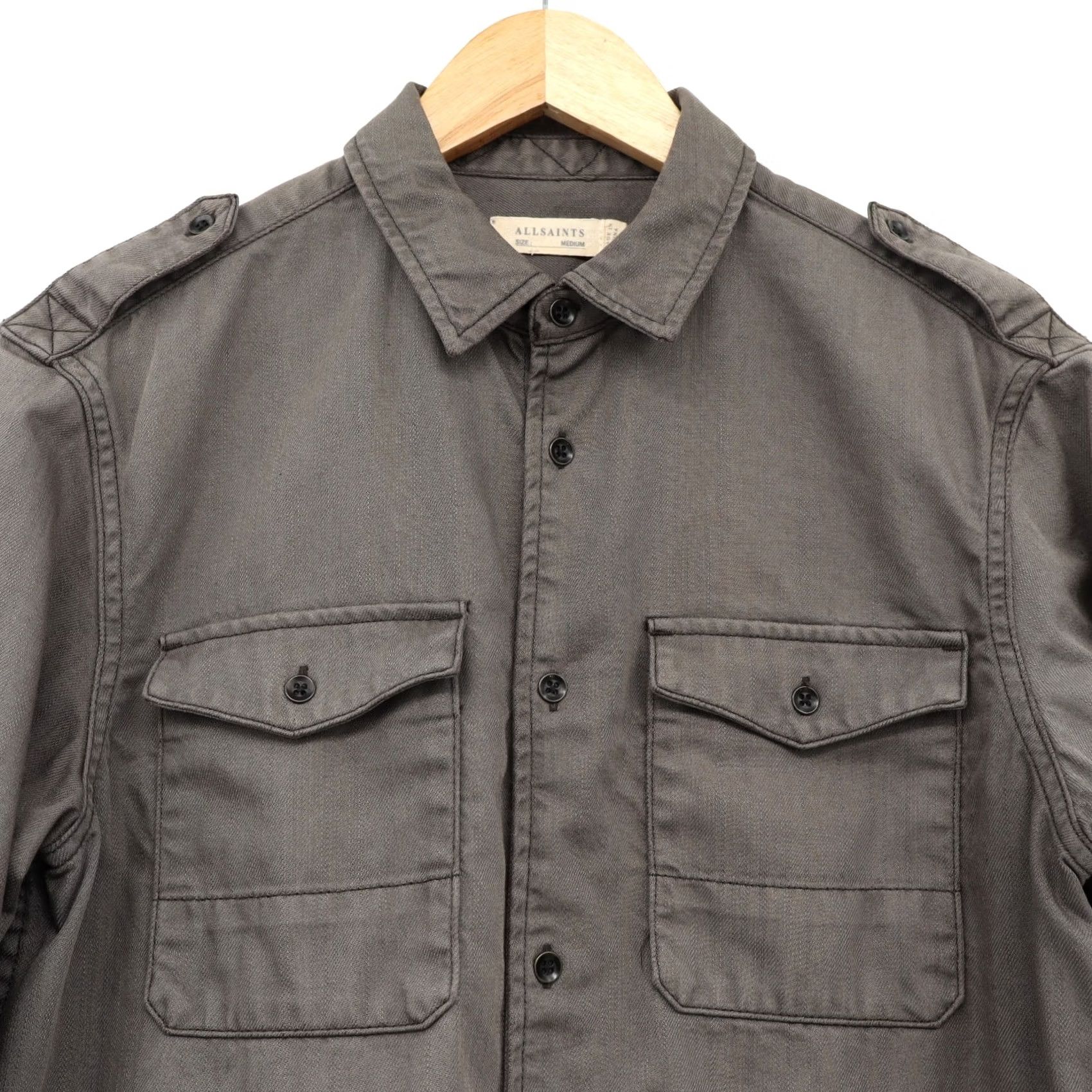 Allsaints AllSaints Button-Up Shirt Mens Long Sleeve Brown Gray M Viscose Woven Utility Shirt Bar/2010s style (Military, Modern) Size US M / EU 48-50 / 2 - 3 Thumbnail