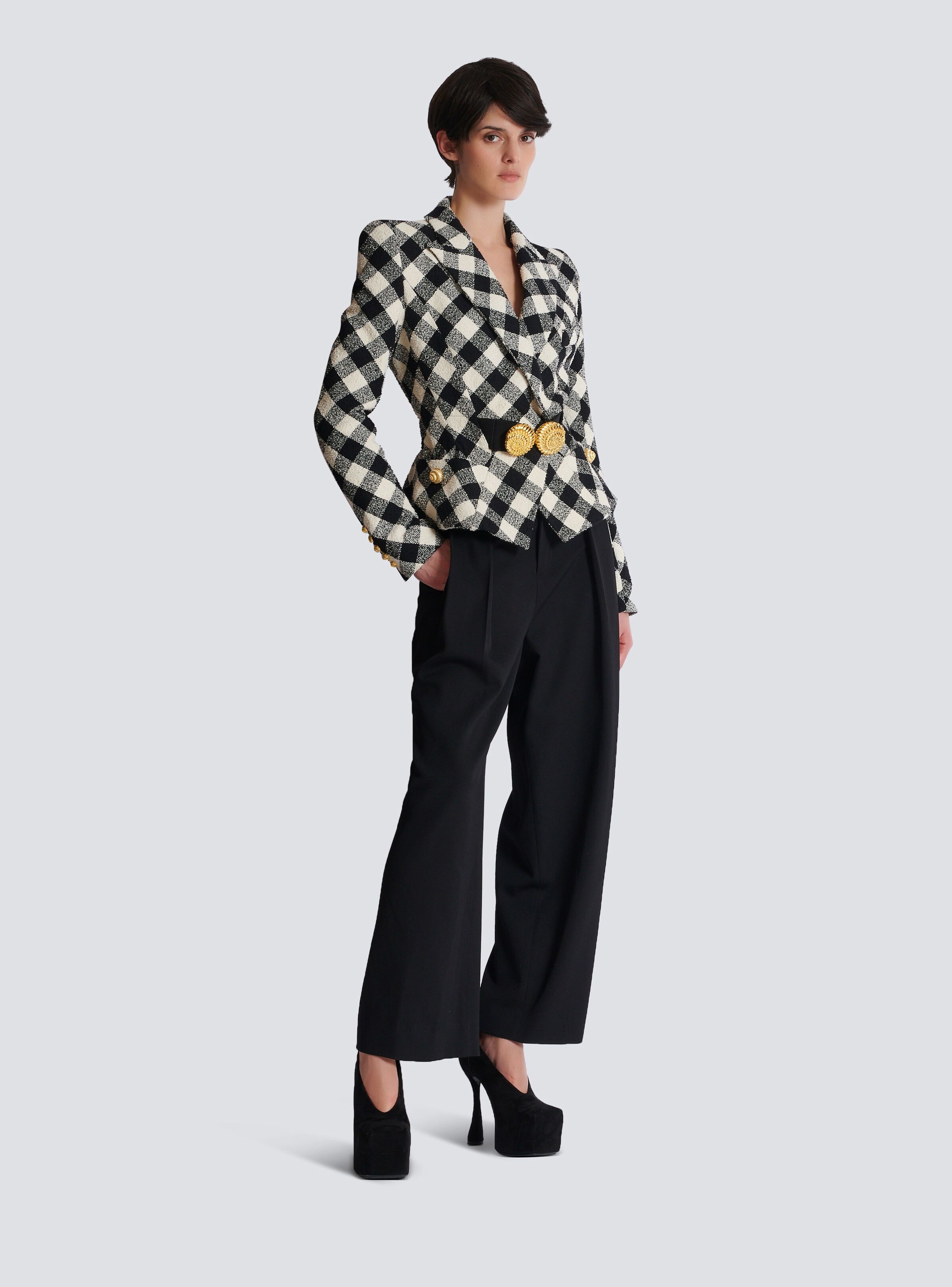 Balmain o1s1wg111025 Belted Gingham Tweed Jacket in Black/White Size L / US 10 / IT 46 - 2 Thumbnail