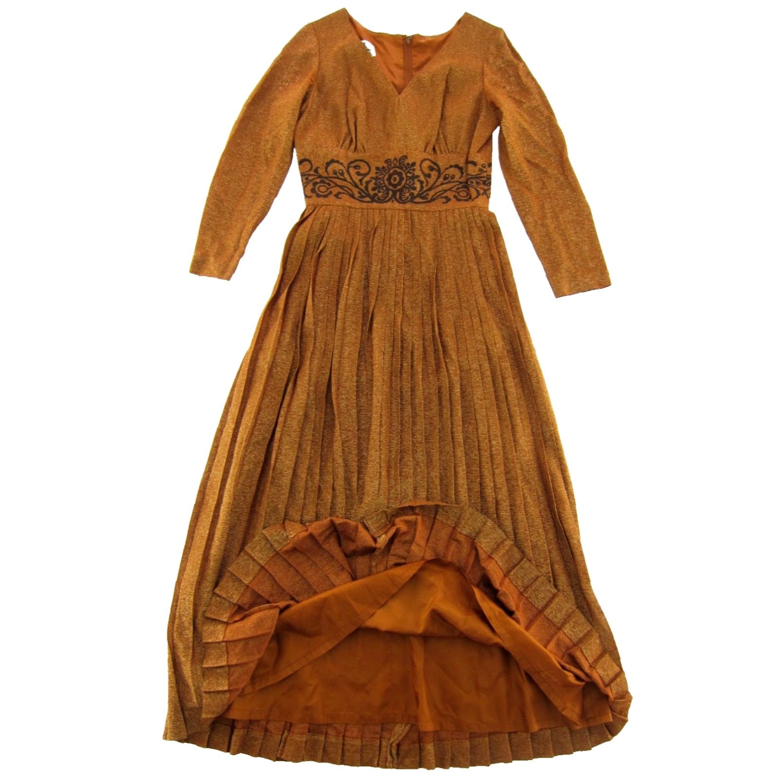 Vintage VTG Alfred Shaheen Gown Dress Long Sleeve Bronze Metallic Gold Pleated Vintage 1960's 10 Women Dress Size L / US 10 / IT 46 - 5 Thumbnail