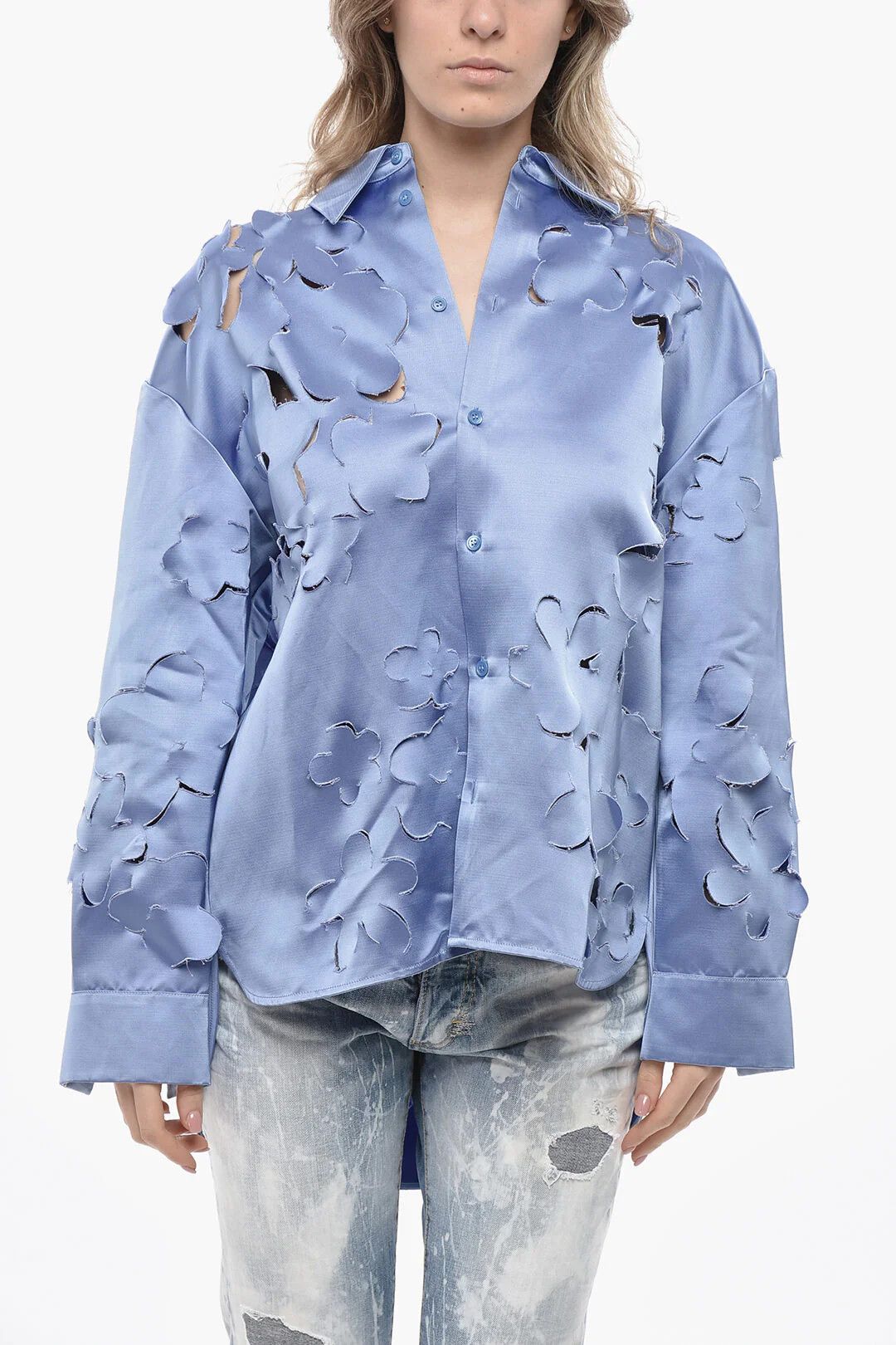 Marni og1mm0326 Floral Cut-Out Motif Satin Blouse in Light Blue Size S / US 4 / IT 40 - 1 Thumbnail