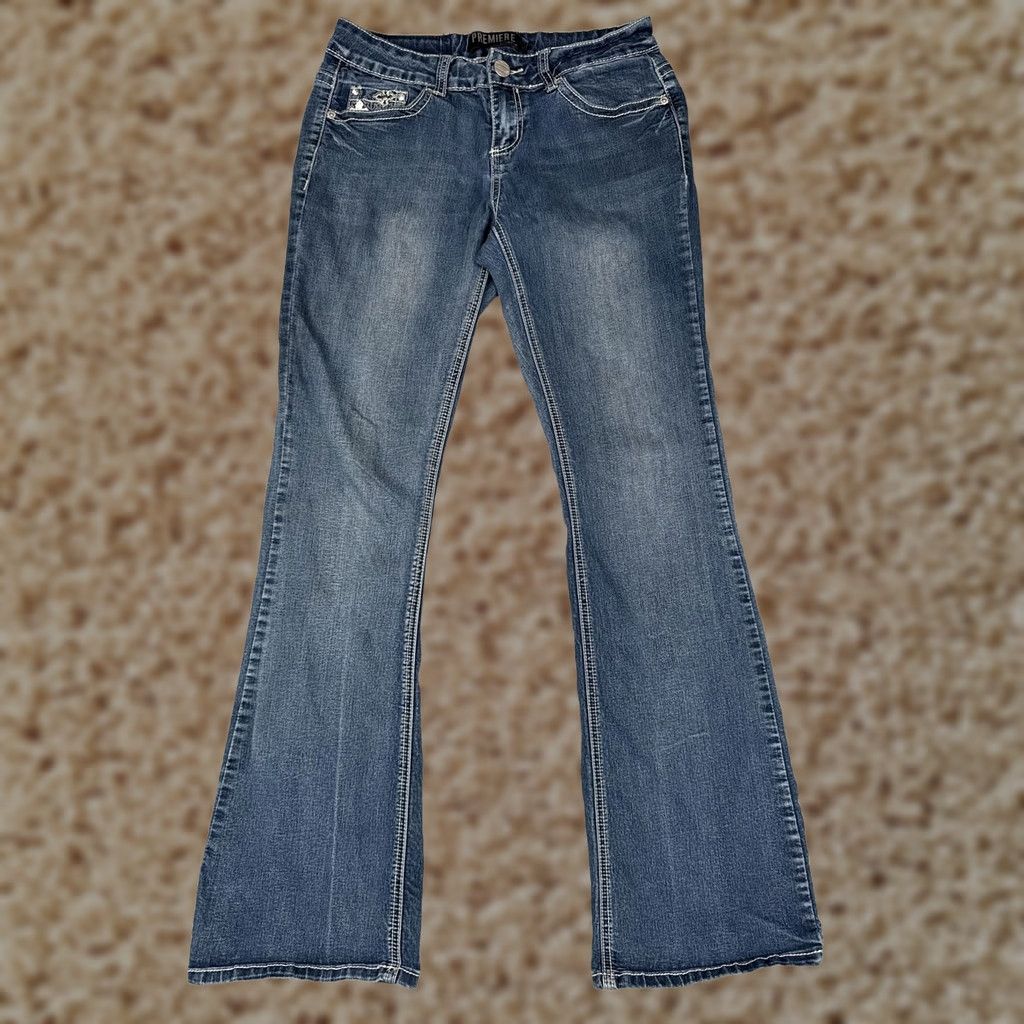 Vintage Premiere by rue21 Bootcut Jeans Juniors 5/6R Blue Low Rise Embroidered Lace Pocket 26x31 Womens Mens Girls Size 27" / US 4 / IT 40 - 1 Thumbnail