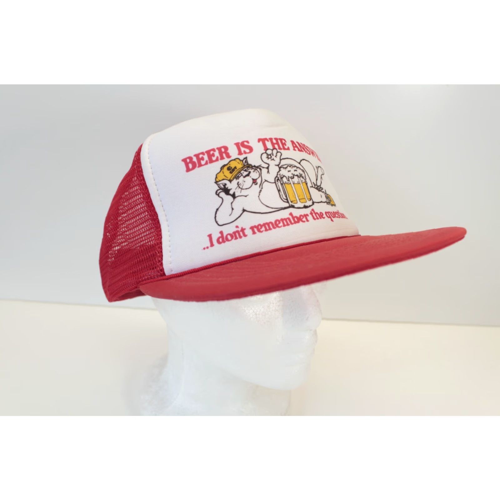 Vintage VINTAGE Beer is the Answer I don’t Remember the Question Trucker Hat Red Unbranded 80s 90s Adult Adjustable Red Cat Hats Mens Womens Size ONE SIZE - 2 Thumbnail