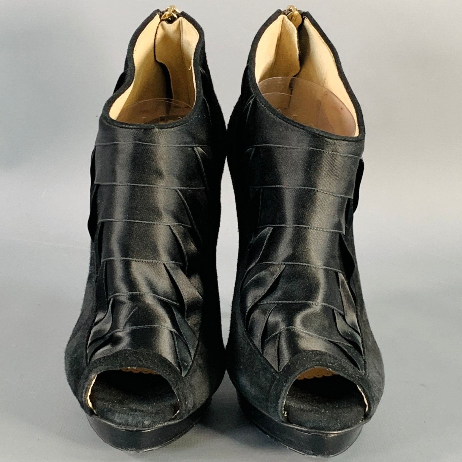 Oscar De La Renta OSCAR DE LA RENTA Black Suede Satin Woven Stiletto Booties Size US 6 / IT 36 - 4 Thumbnail