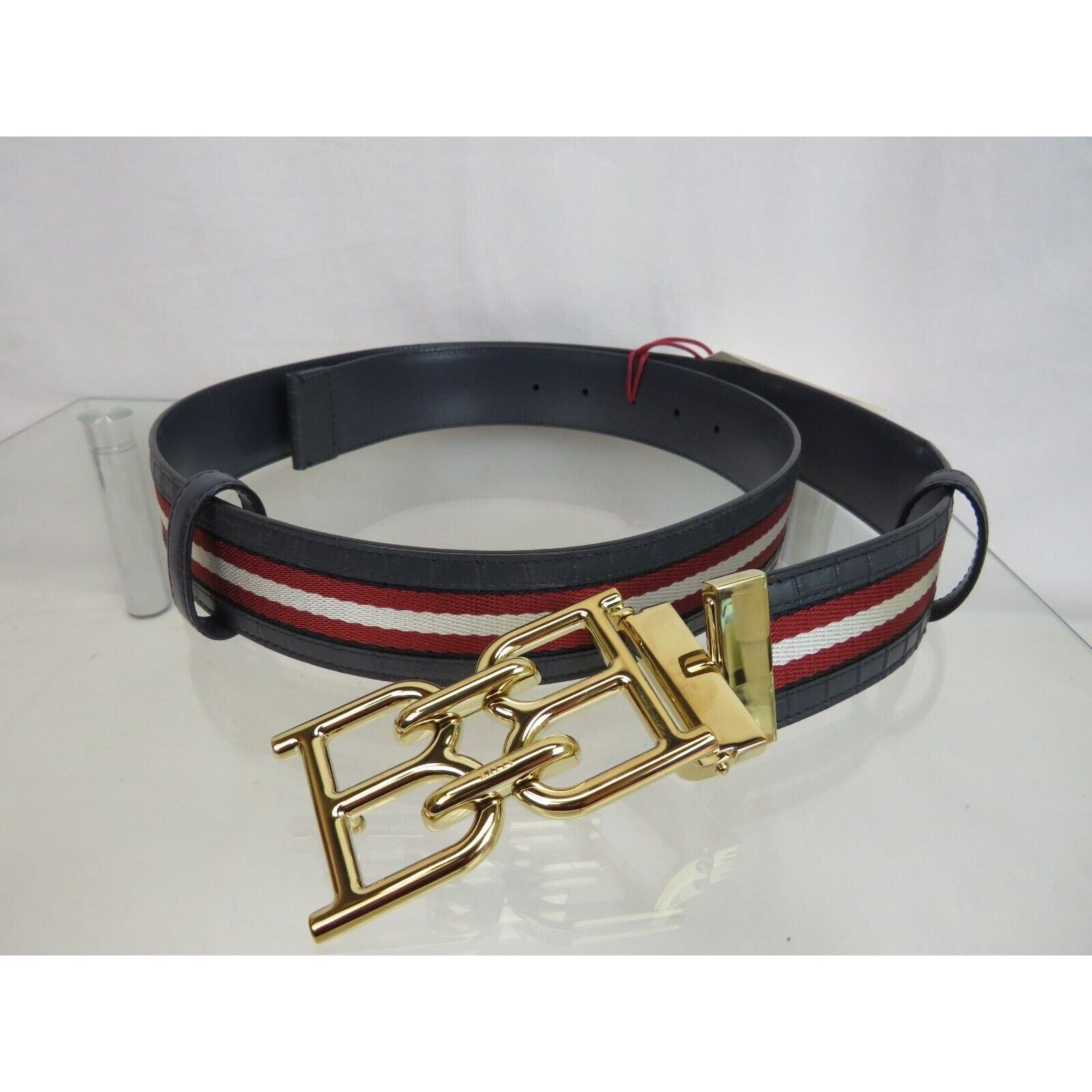 Bally B CHAIN BUCKLE ADJUSTABLE BLUE CROC LEATHER WEB BELT 110 44 Size 44 - 11 Thumbnail
