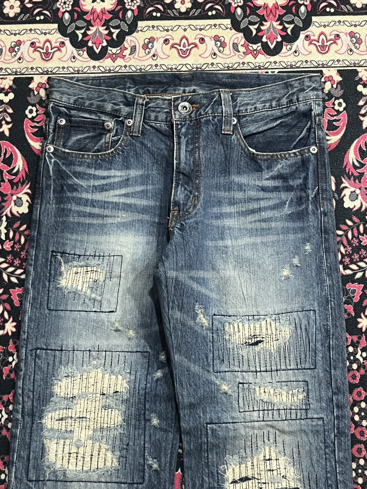 Kapital Japanese Brand Back Rush Distressed Sashiko Stitch Blue Jean Size US 31 - 4 Thumbnail