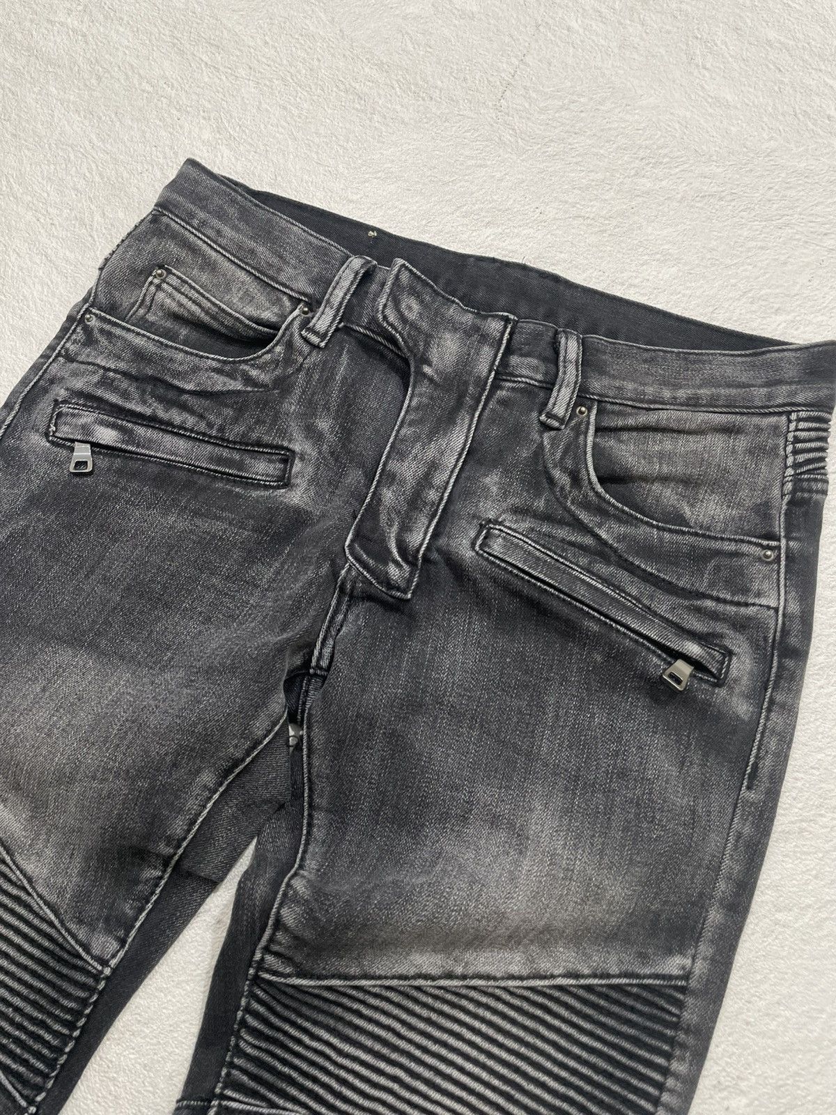 Japanese Brand Black washed biker denim jeans ribbed knee panel zipper Size US 31 - 7 Thumbnail