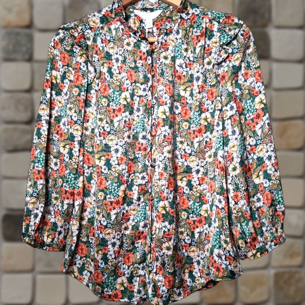 Vintage LC Lauren Conrad Blouse Small Green Peach Floral Button Front Ruffle Boho Country Casual Womens Regular Short? Size S / US 4 / IT 40 - 1 Thumbnail