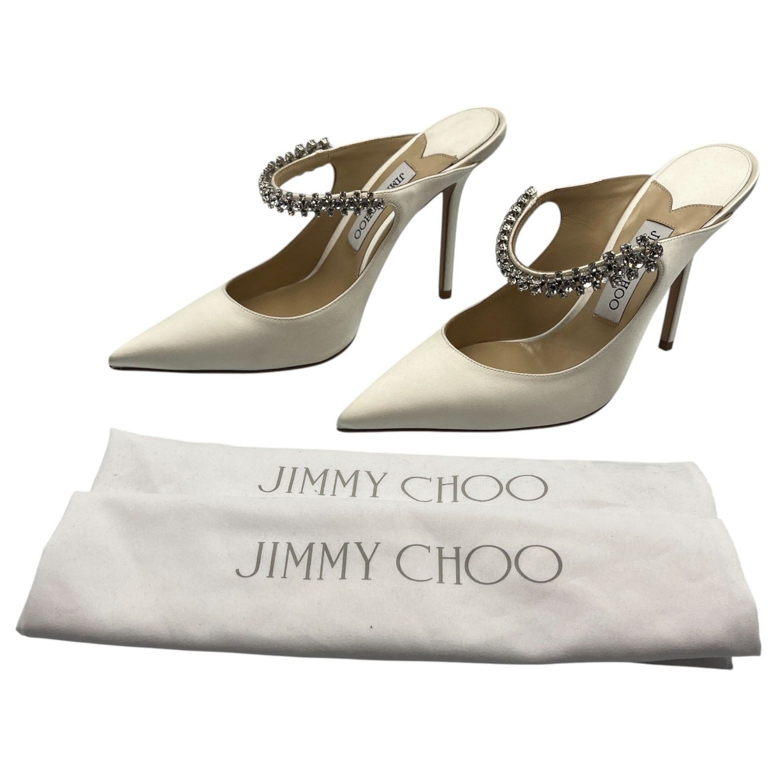 Jimmy Choo 100Mm Bing Mules Satin Crystal Heels Bridal Shoes in White, Women's (Size 9)