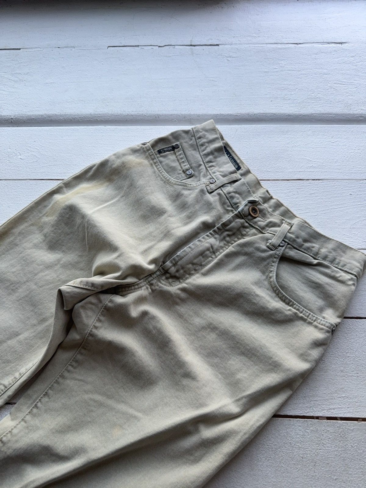 Armani Vintage 90s Distressed Armani Jeans Beige Straight Fit Pant Size US 33 - 7 Thumbnail