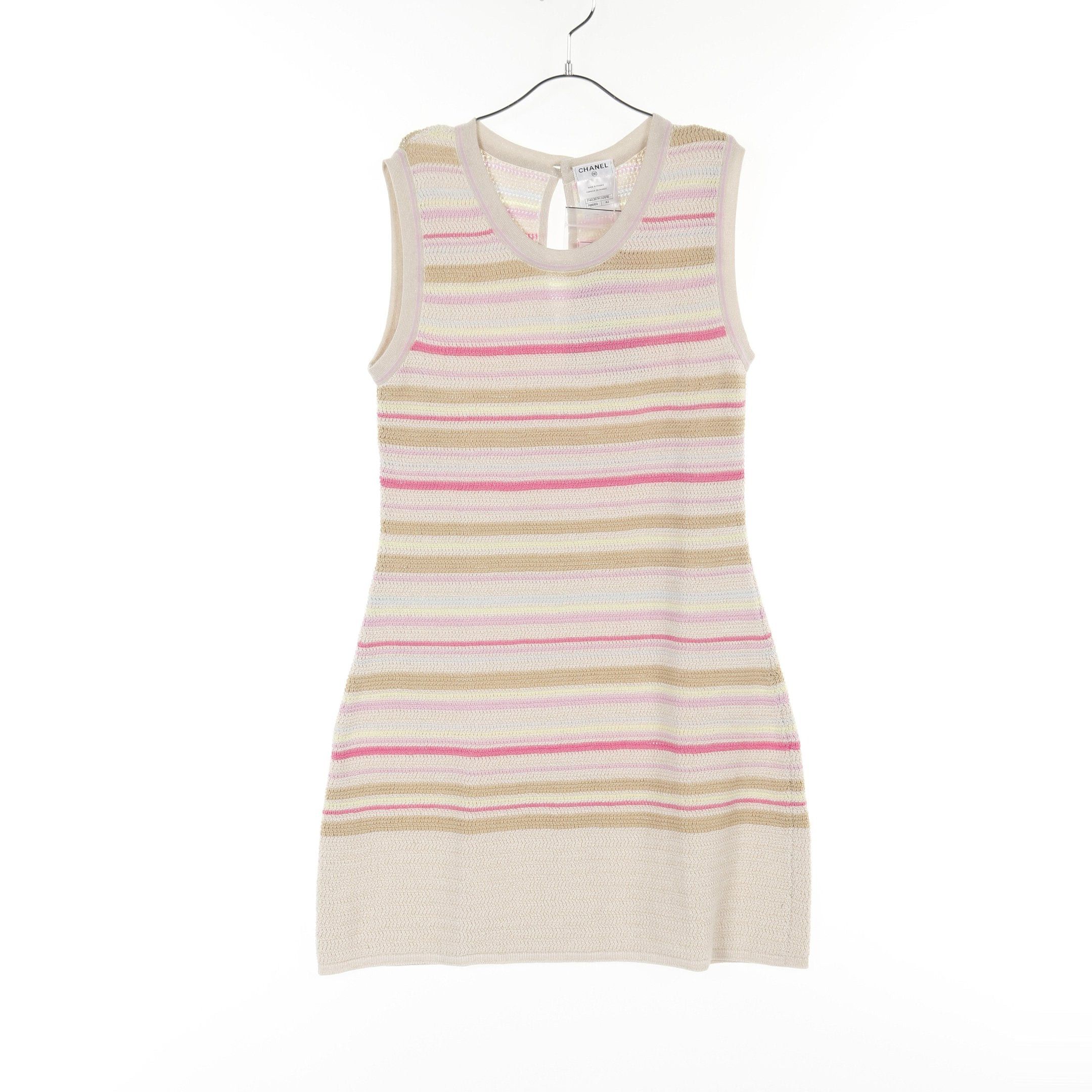 Chanel Chanel Knit Dress No Sleeve Stripes Cotton Rayon Cashmere Ivory Pink Multicolor 11C Size ONE SIZE - 1 Thumbnail
