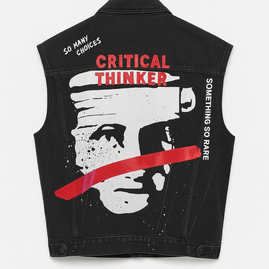 Zara ZARA Men’s Black Denim Vest “Critical Thinker” Graphic – L Size US L / EU 52-54 / 3 - 1 Thumbnail
