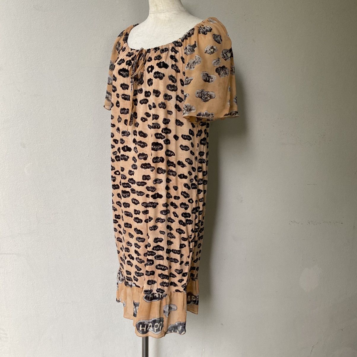 Tsumori Chisato Tsumori Chisato Beige Printed Dress Puff Sleeves Tie Neck Size XS / US 0-2 / IT 36-38 - 5 Thumbnail