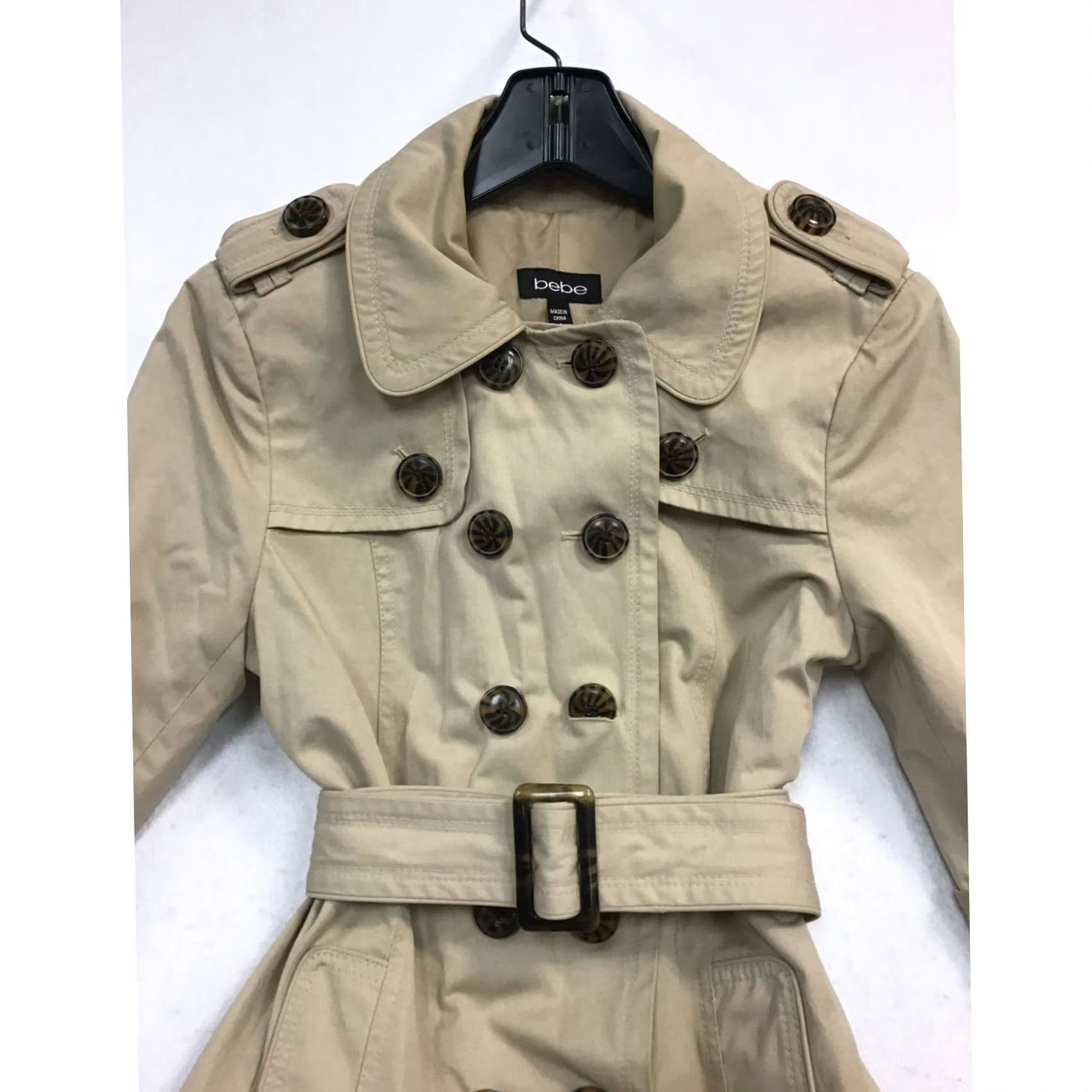 Bebe bebe Women's Trench Coat Small Brown Polyester Button Up Adjustable Belt, Like New, Coat, Trench, Small, Womens Size S / US 4 / IT 40 - 4 Thumbnail