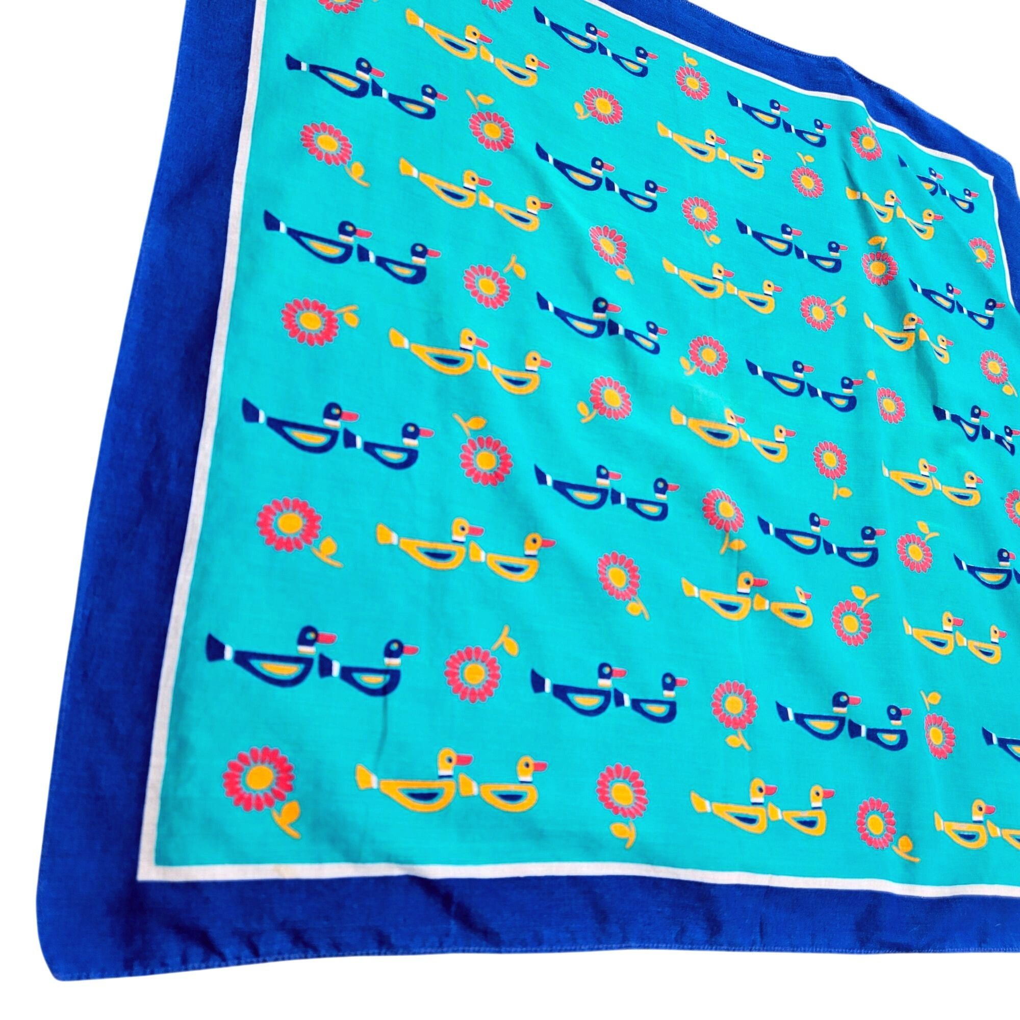 Vintage Ray Strauss 1960s Mod Cotton Scarf Pair Turquoise Marigold M Size ONE SIZE - 4 Thumbnail