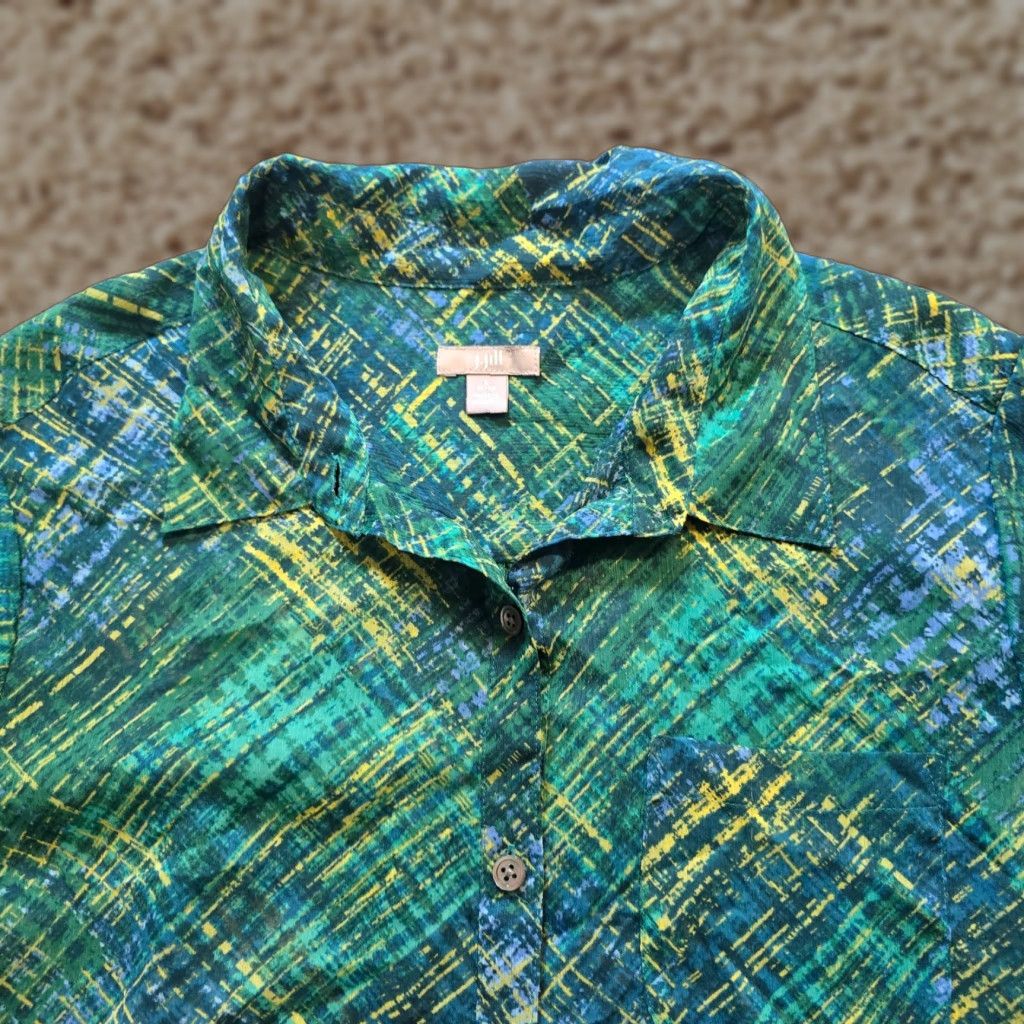 J. Jill J. Jill Top Womens Petite Large Green Plaid Sheer Long Sleeve Button Casual Size L / US 10 / IT 46 - 1 Thumbnail