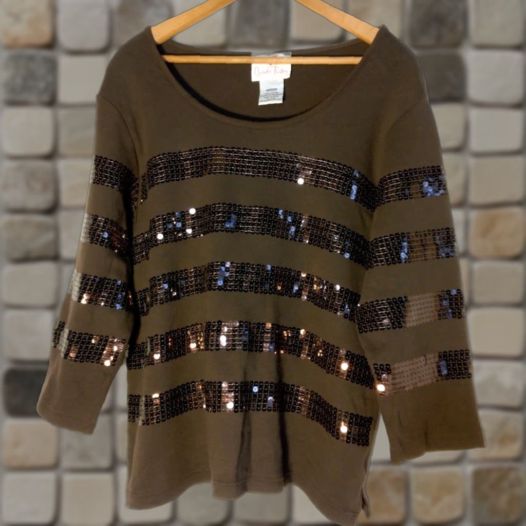Joe Browns Quacker Factory Shirt Women M Brown Knit Striped Sequin Scoop Neck Casual Sleeve Cotton Regular Sequin Shimmer Party Size M / US 6-8 / IT 42-44 - 1 Thumbnail