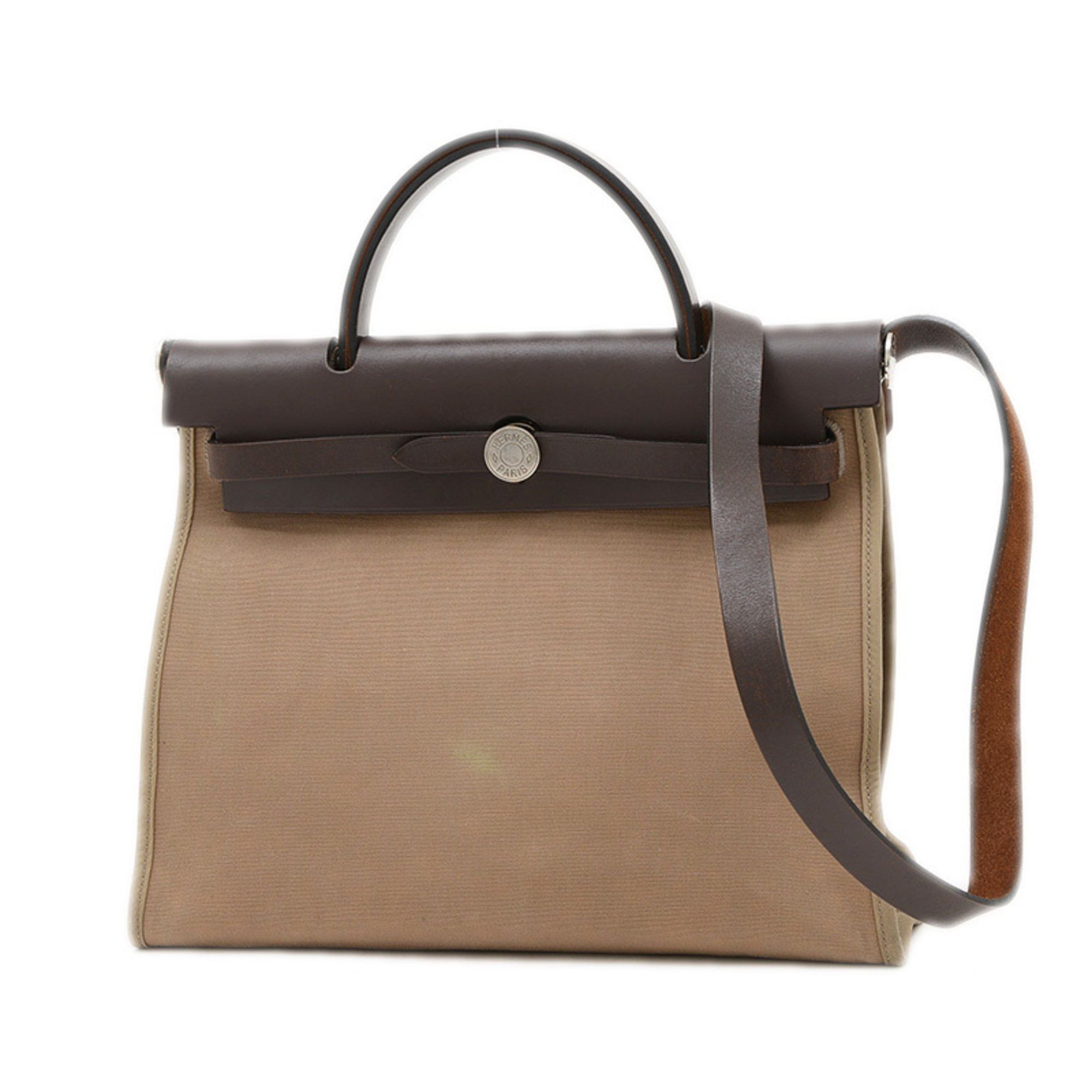Hermes Airbag Zip Pm Handbag Tote Bag Toile Officier Calf Beige Brown T Stamp Bp, Women's