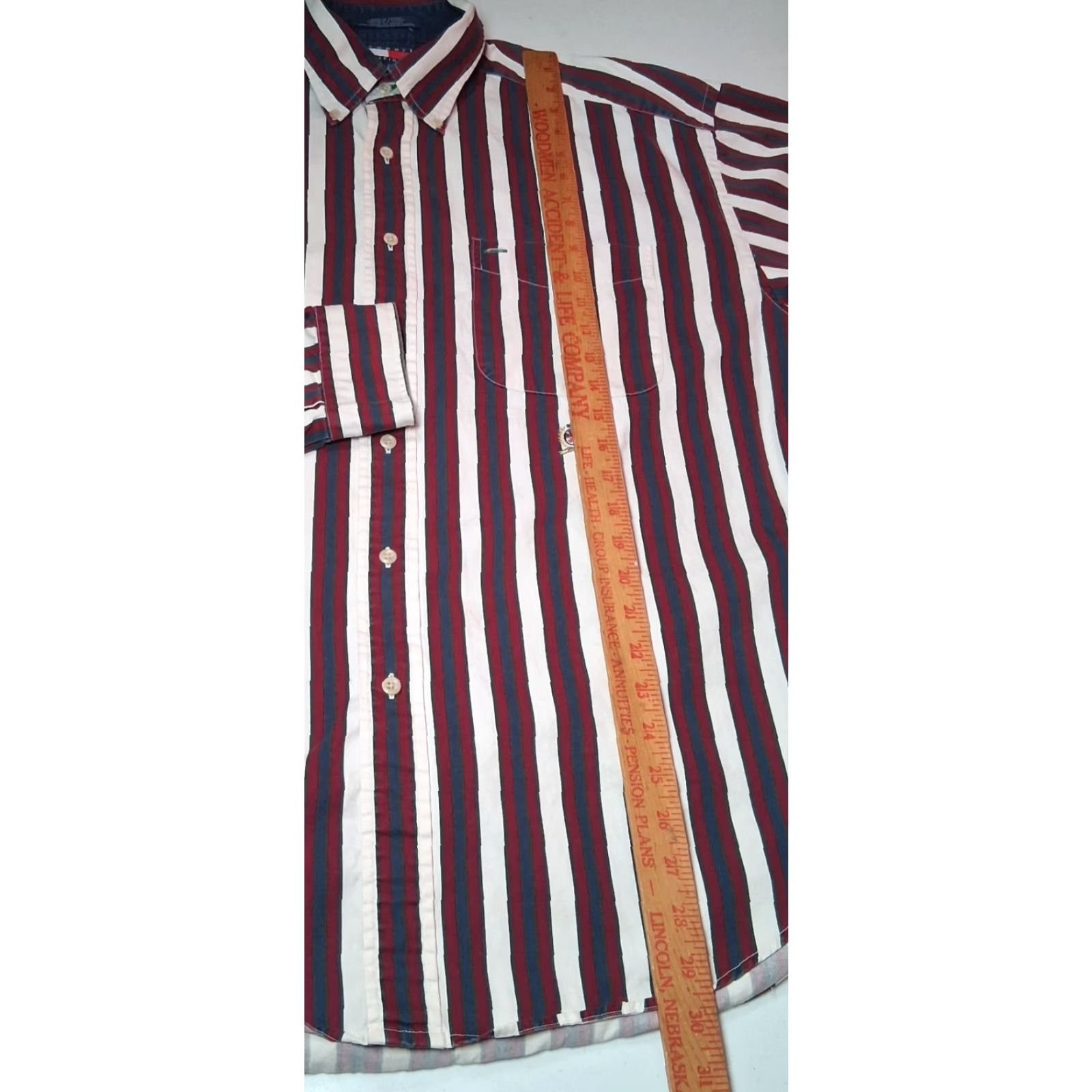 Tommy Hilfiger VINTAGE Tommy Hilfiger Shirt Men L Maroon Navy Retro Stripe Crest Buttons-Down Collar 1990s Cotton Long Sleeve Size US L / EU 52-54 / 3 - 6 Thumbnail