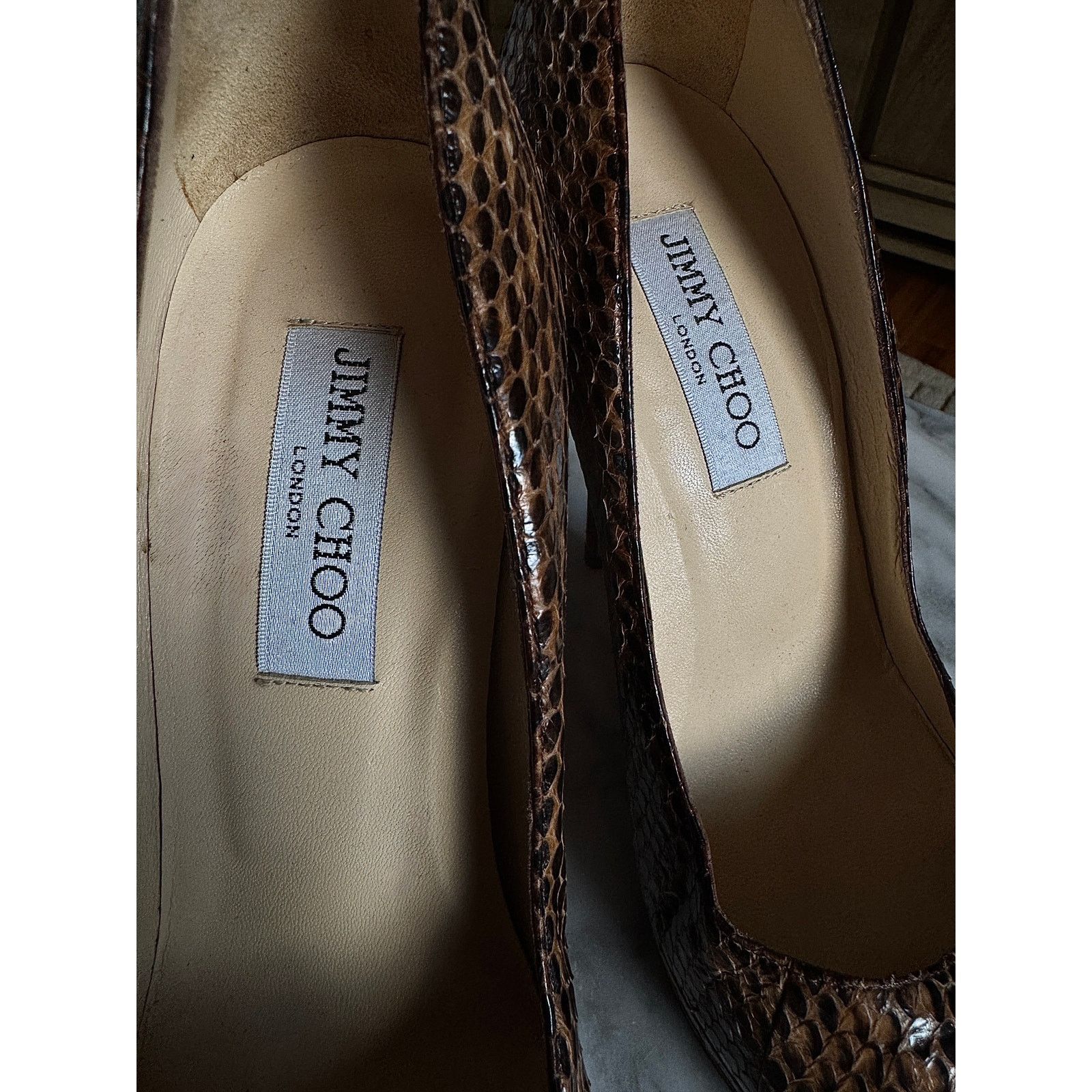 Jimmy Choo Jimmy Choo Beige and Brown Python Platform Heel Pumps Size US 8 / IT 38 - 4 Thumbnail