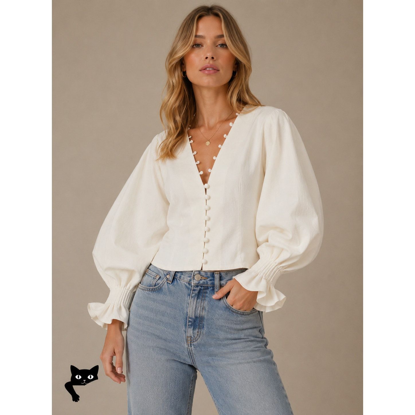 Other Cream VNeck Loop Button Balloon Pleated Cuff Sleeve Blouse M Size M / US 6-8 / IT 42-44 - 3 Thumbnail