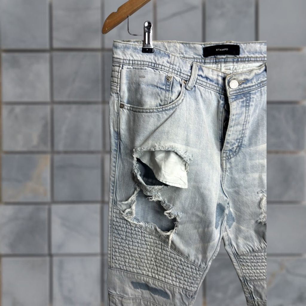Stampd STAMPD Jeans Mens 34x34 Light Wash Moto Biker Distressed Ripped Denim Quilted Size US 34 / EU 50 - 1 Thumbnail