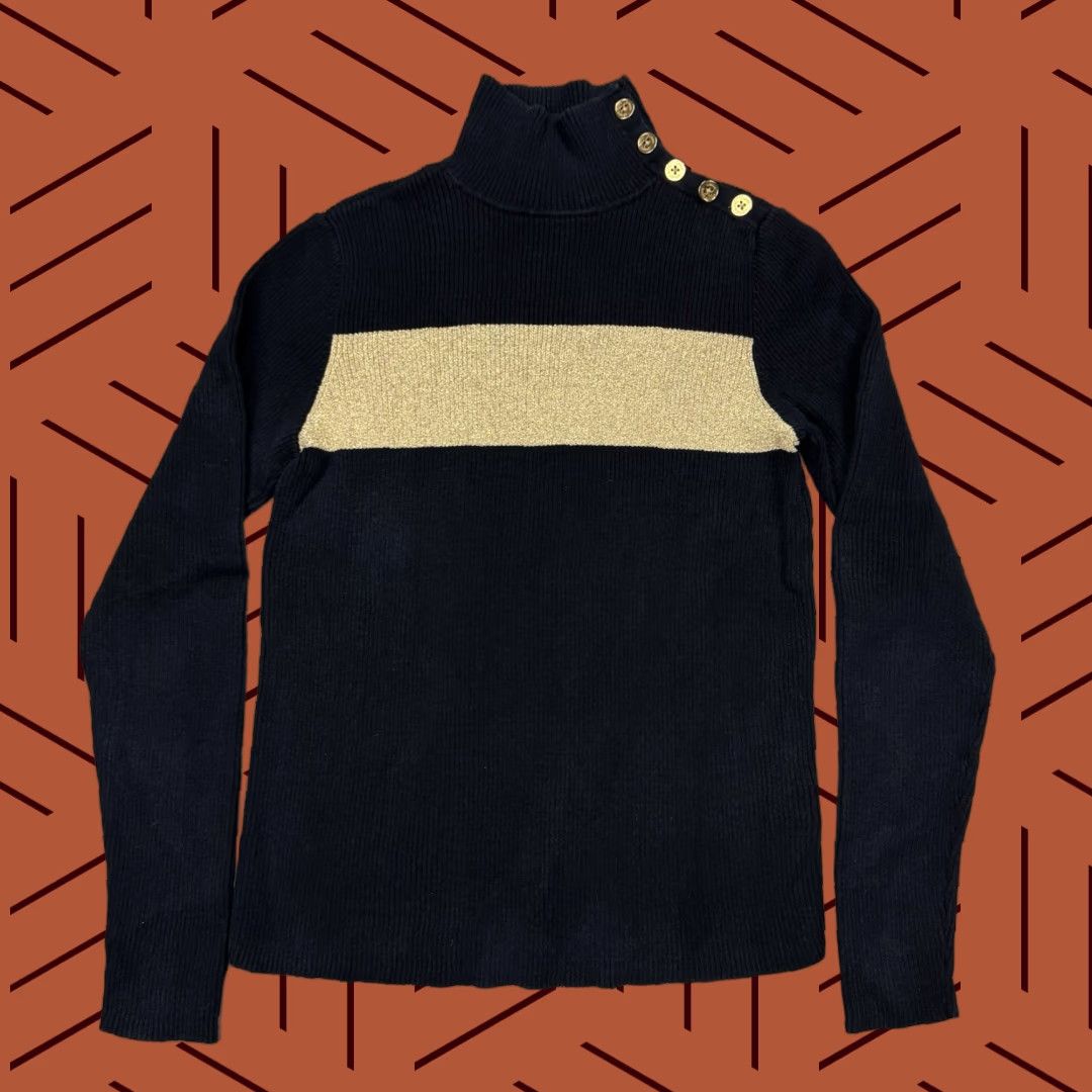 Ralph Lauren Lauren Ralph Lauren Black with Gold Metallic Stripes Turtleneck Cable-Knit Dolman Sleeve Sweater - Women, Size M, Classic Fit Size M / US 6-8 / IT 42-44 - 1 Thumbnail