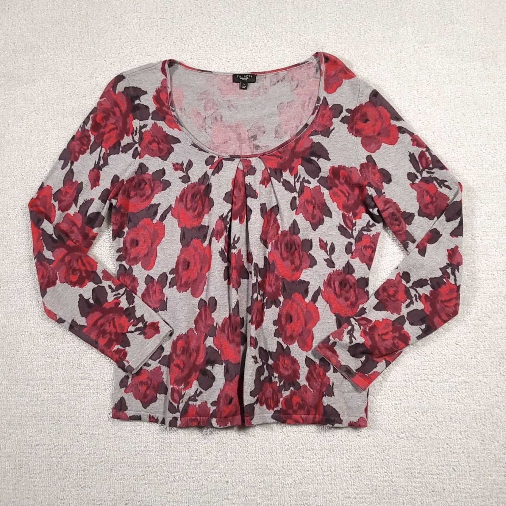 Talbots VINTAGE Talbots Shirt Women PL Petite Large Gray Floral Scoop Neck Long Sleeve Size L / US 10 / IT 46 - 2 Thumbnail