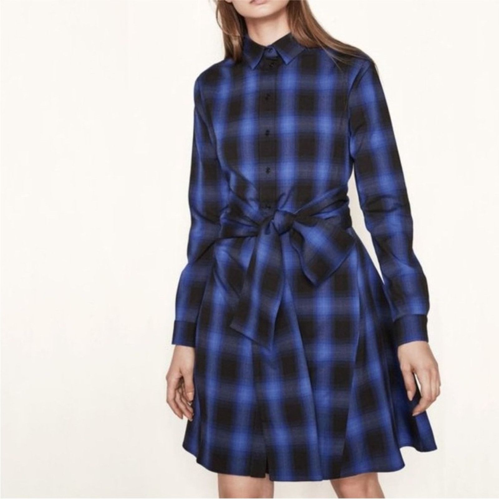 Maje Maje Rulyl Blue & Black Plaid Checkered Tie Front Dress Size L / US 10 / IT 46 - 1 Thumbnail