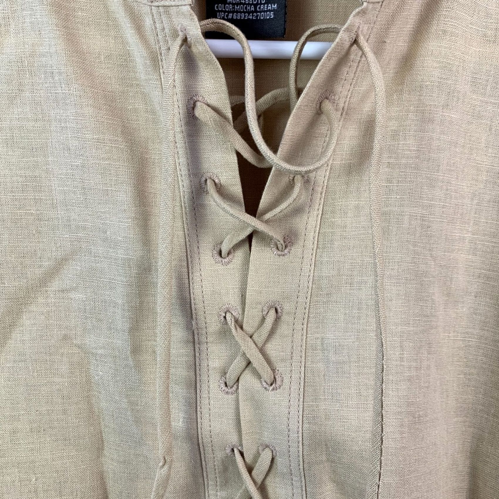 George George Linen Mandarin Lace-up Blouse Top Shirt Womens M Beige 3/4 Sleeve 55% Linen 45% Cotton N/A Size M / US 6-8 / IT 42-44 - 3 Thumbnail