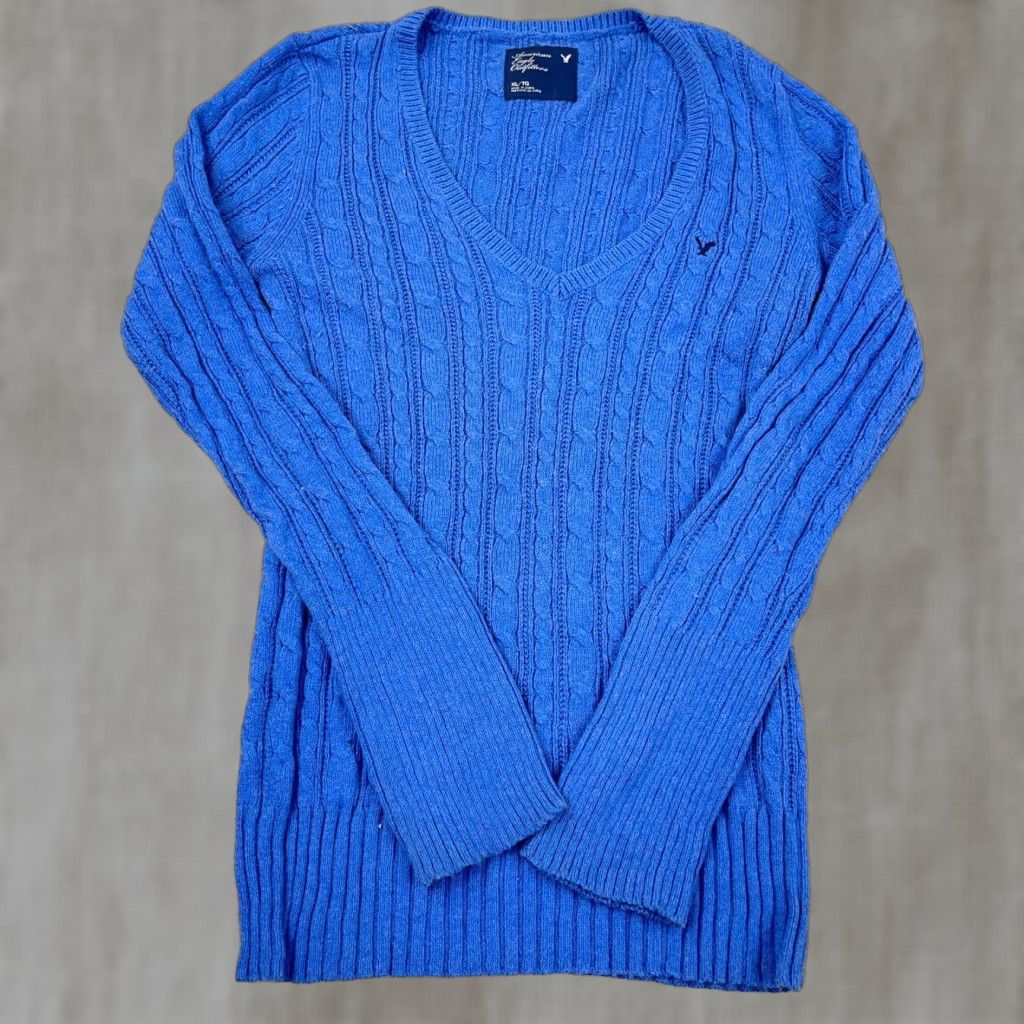 American Eagle Outfitters VINTAGE American Eagle Sweater Women XL Blue Cable-Knit V-Neck Pullover All Seasons Y2K Womens Size XL / US 12-14 / IT 48-50 - 1 Thumbnail