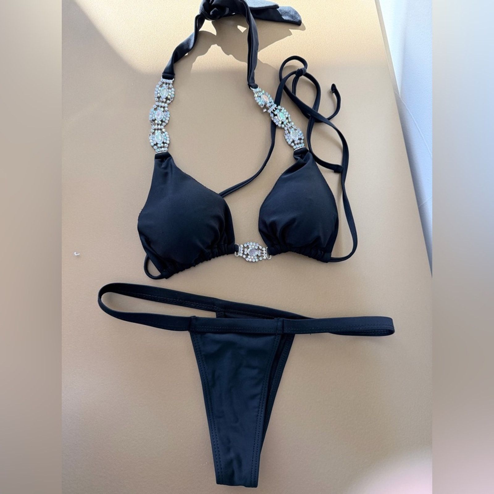 Other Black Bikini Swimsuit Swimwear with Rhinestones Thong size S Size ONE SIZE - 6 Thumbnail