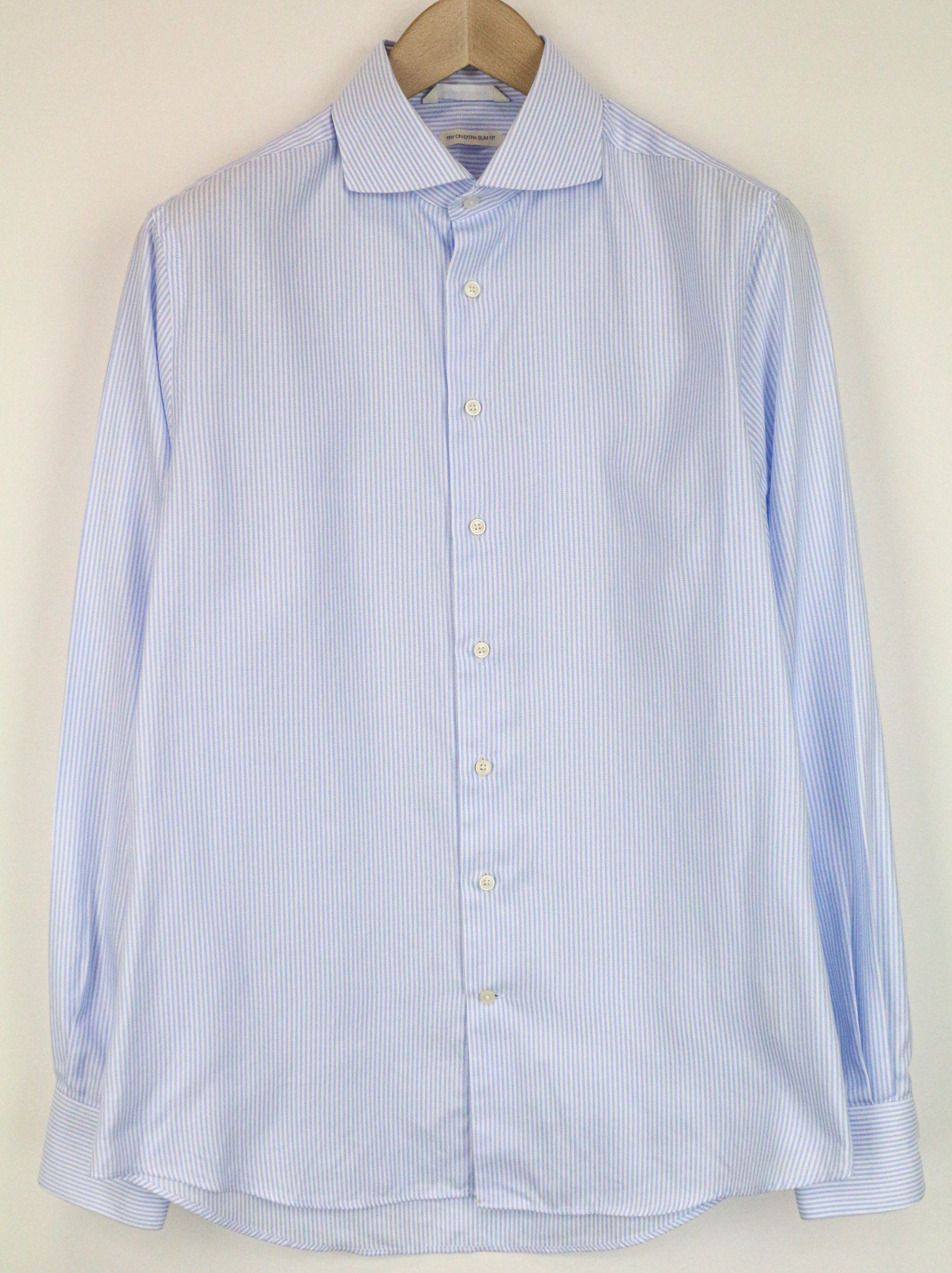 Suitsupply 41/16 Extra Slim Blue Cotton Cutaway Stripe Shirt 76558 Size 42R - 1 Thumbnail
