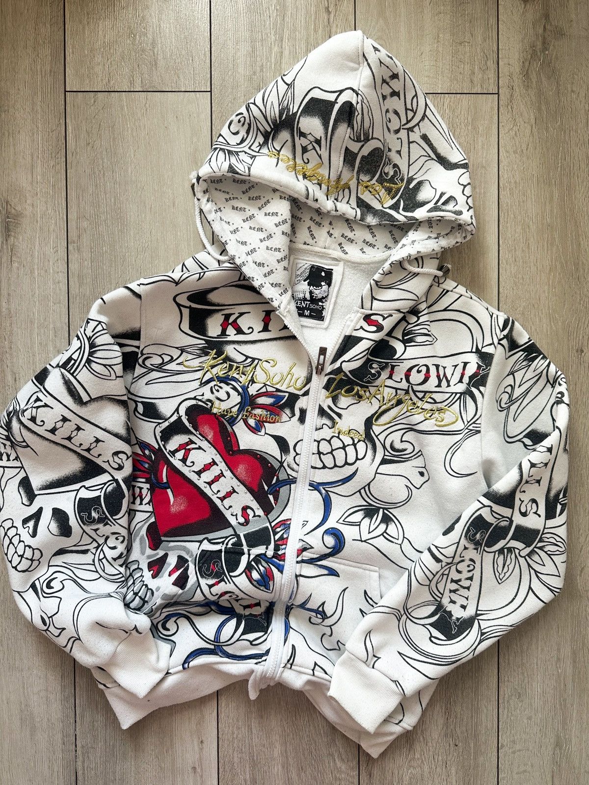 00s CHRISTIAN AUDIGIER リバーシブルパーカー Y2K Mens Y2K Christian Audigier Hip Hop University Stoned Skull