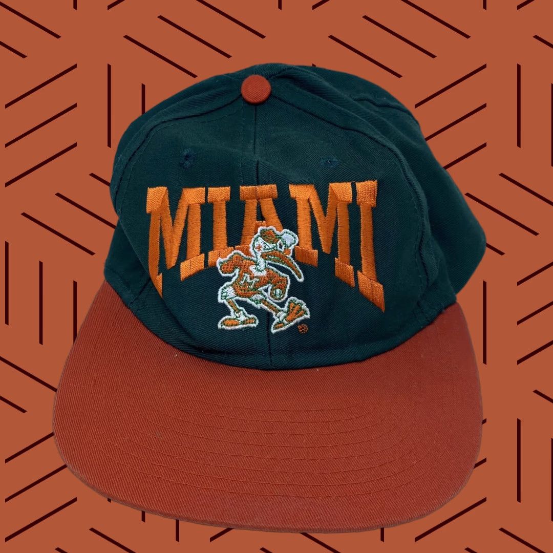 NCAA VINTAGE University of Miami Hat Cap Hurricanes Canes NCAA Snapback Baseball Cap Men's Adjustable Green 90s Logo Size ONE SIZE - 1 Thumbnail