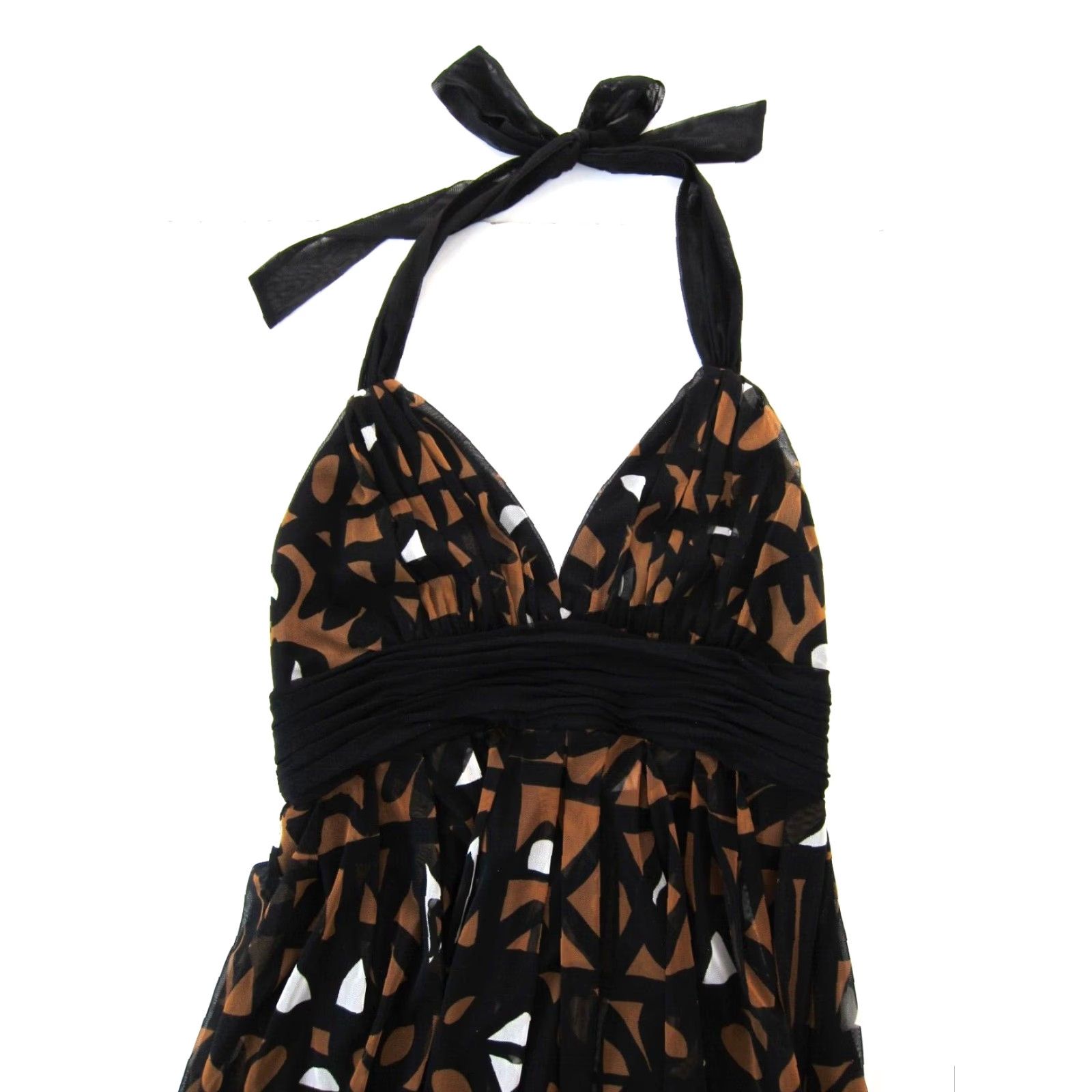 Vintage London Times Black Brown Geometric Stretched Halter V-Neck Empire Dress 12 Size XL / US 12-14 / IT 48-50 - 3 Thumbnail