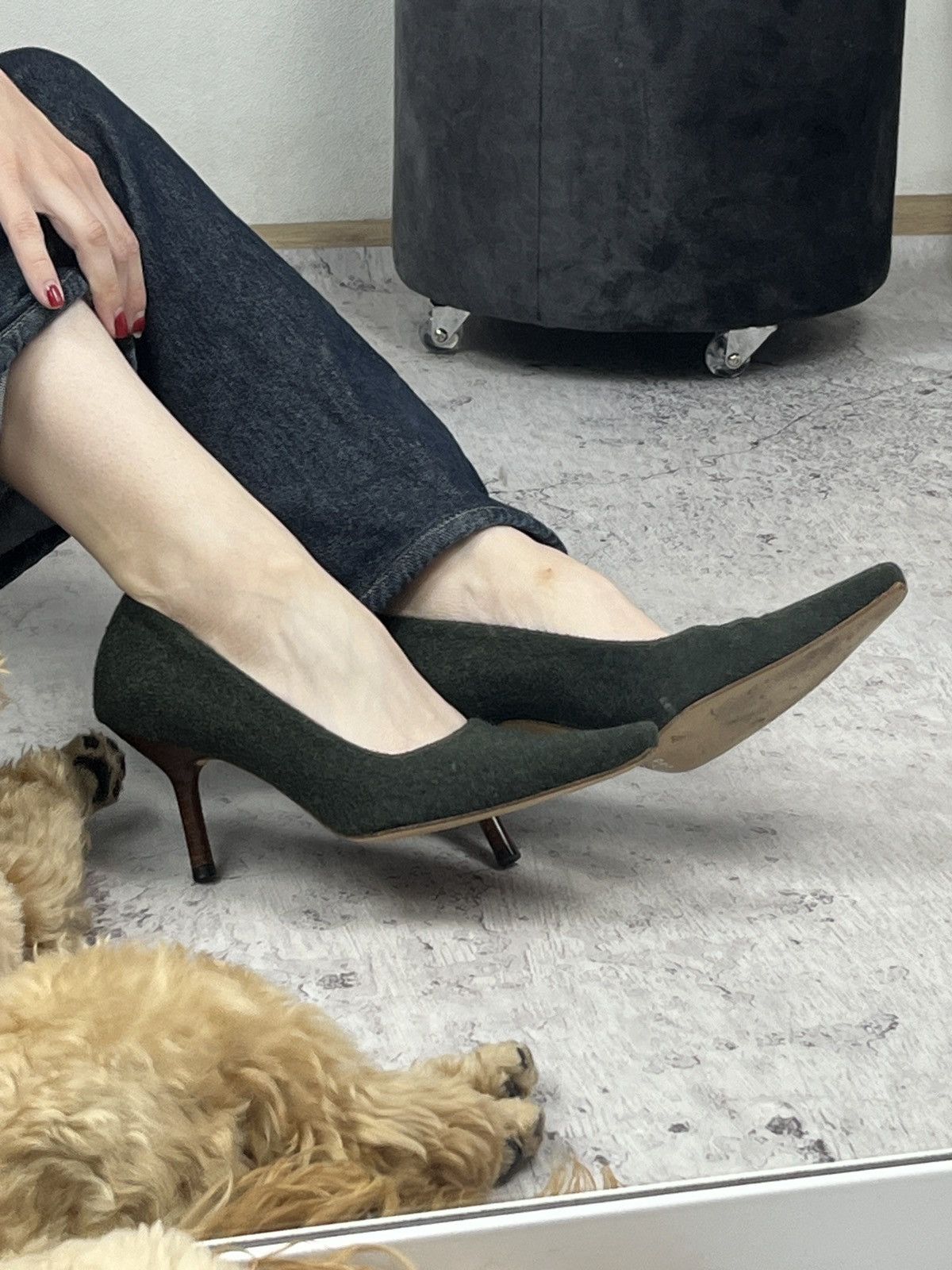 Vintage Ladies Gucci Soft Felted Wool Dark Green Heels Shoes, Women's (Size 8)