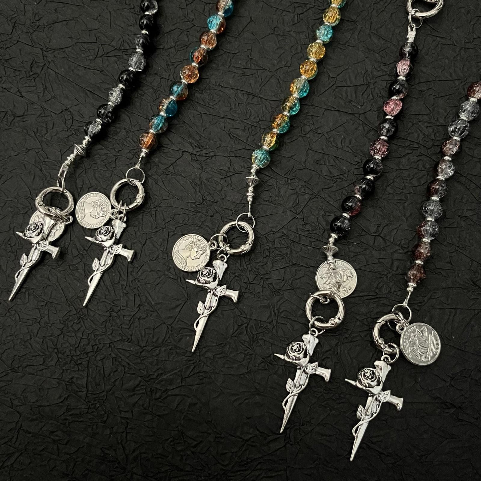 Jewelry Silver Beaded Keychain with Rose and Dagger Charms Size ONE SIZE - 4 Thumbnail