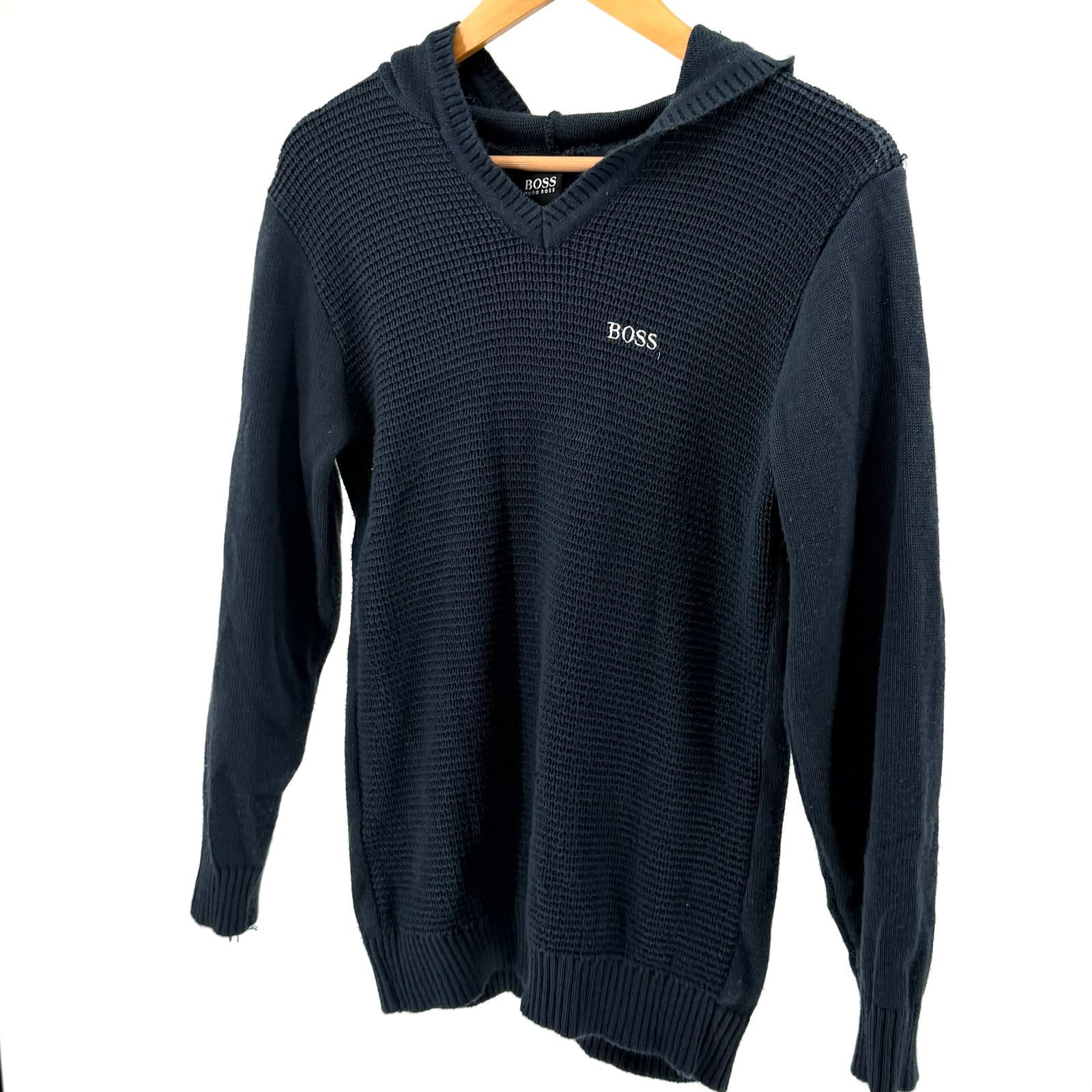 Hugo Boss Navy Blue 100% Cotton Textured Knit Hooded V-Neck Sweater Size US S / EU 44-46 / 1 - 1 Thumbnail