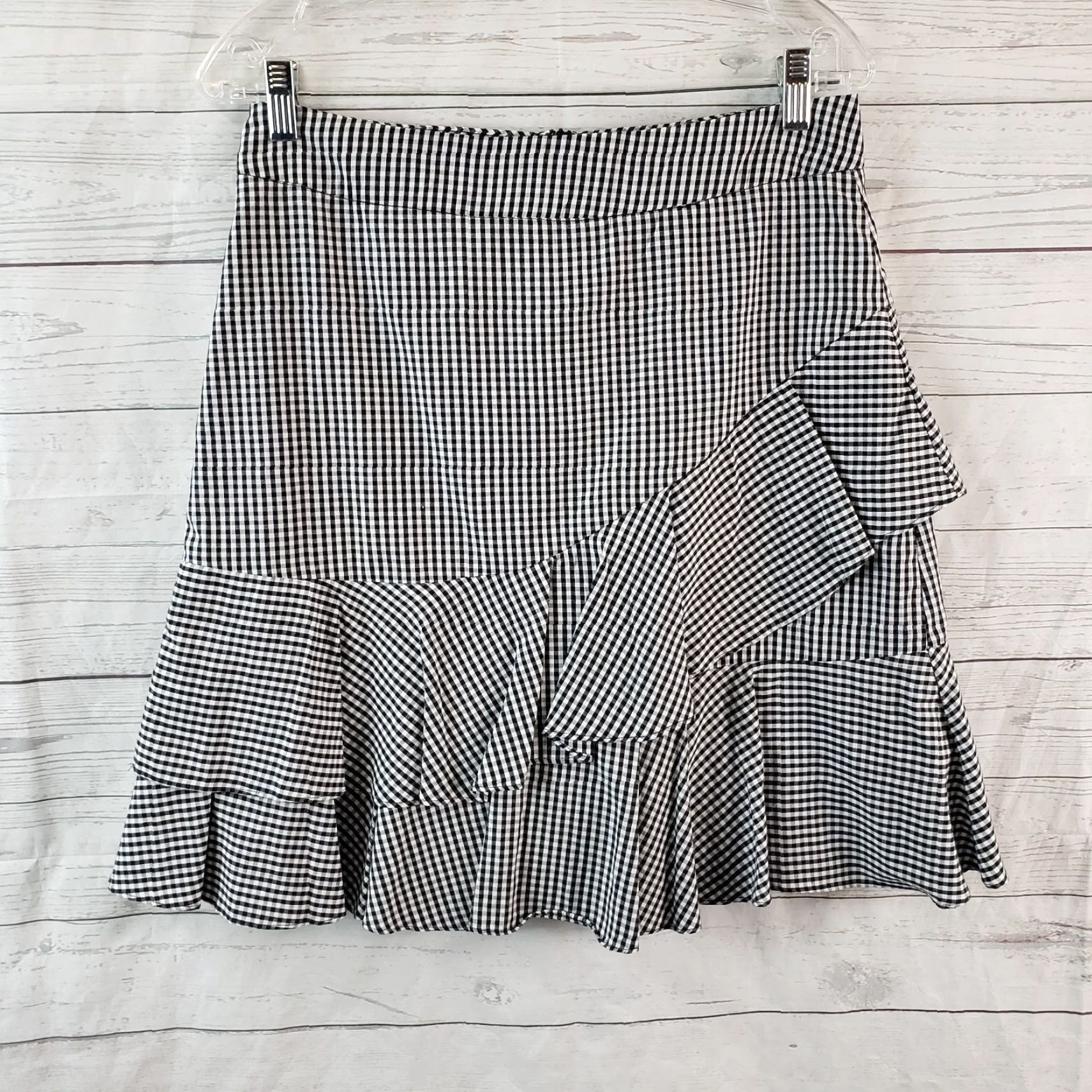 Vintage Listicle Skirt Womens L Black White Gingham Cotton Ruffle A-Line Short Zip Size 36" / US 14 / IT 50 - 2 Thumbnail