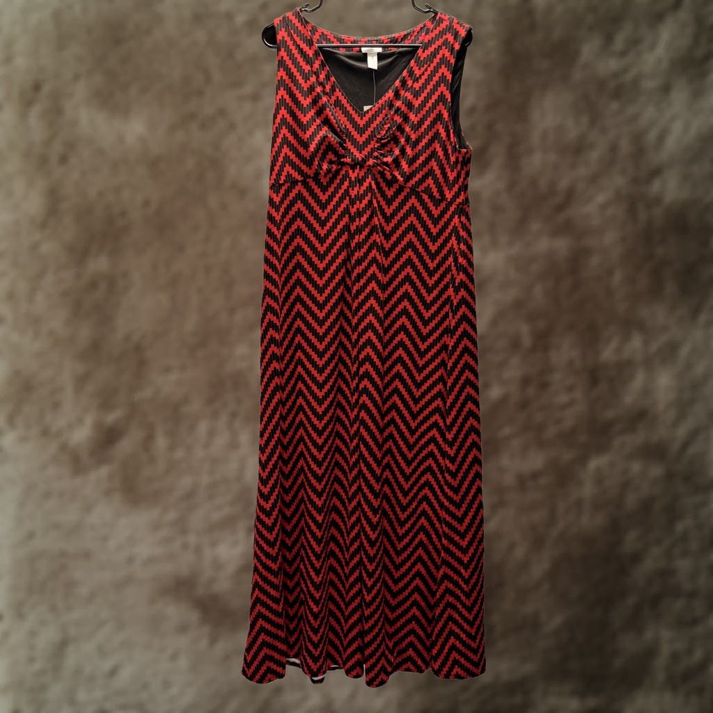 Vintage Chico's Dress Womens 2 Petite Red Black Chevron Maxi Sleeveless V Neck Dress Size XS / US 0-2 / IT 36-38 - 1 Thumbnail