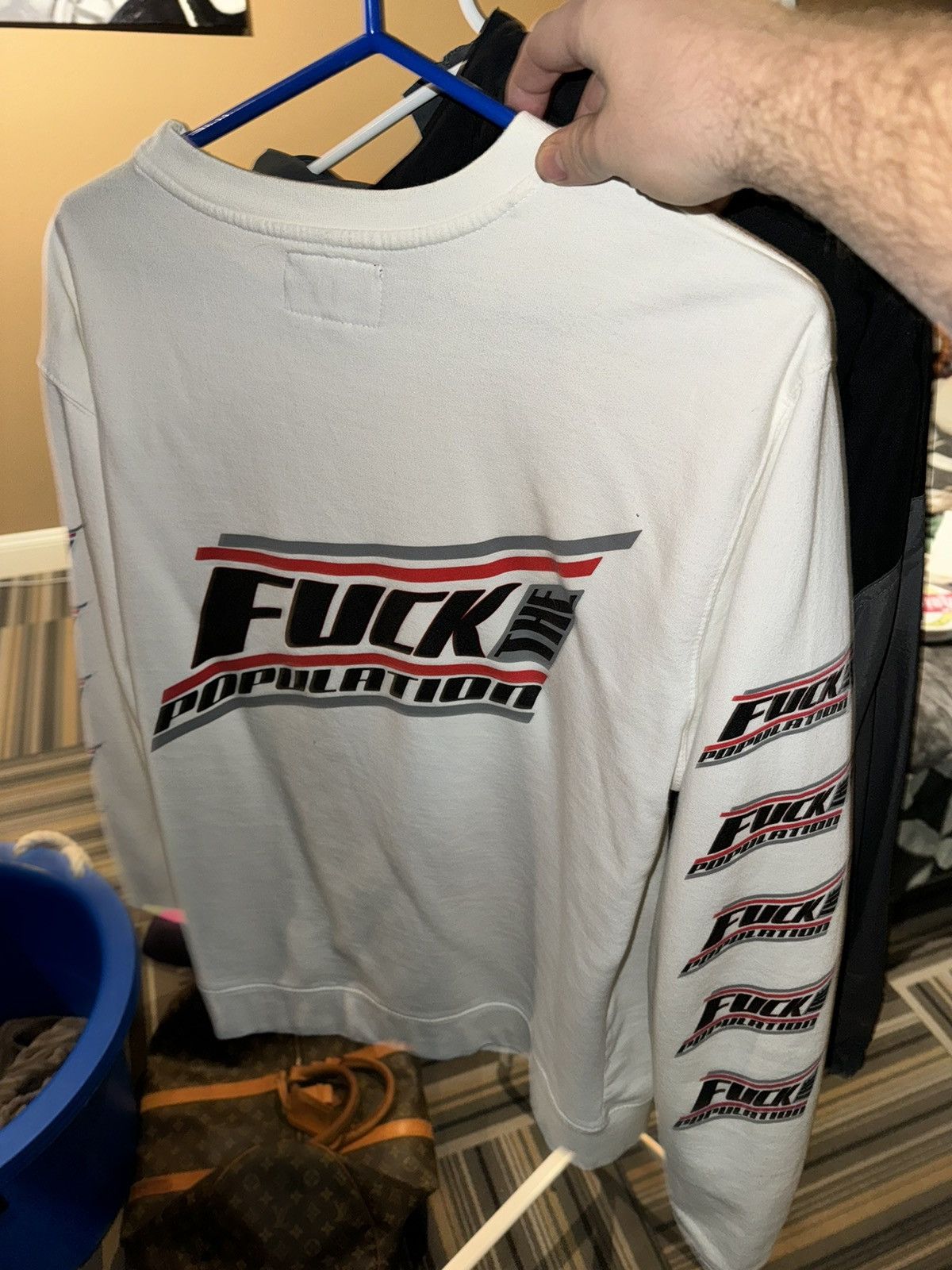 image of Fuck The Population Ftp Crewneck Long Sleeve Sweater in White, Men's (Size Medium)