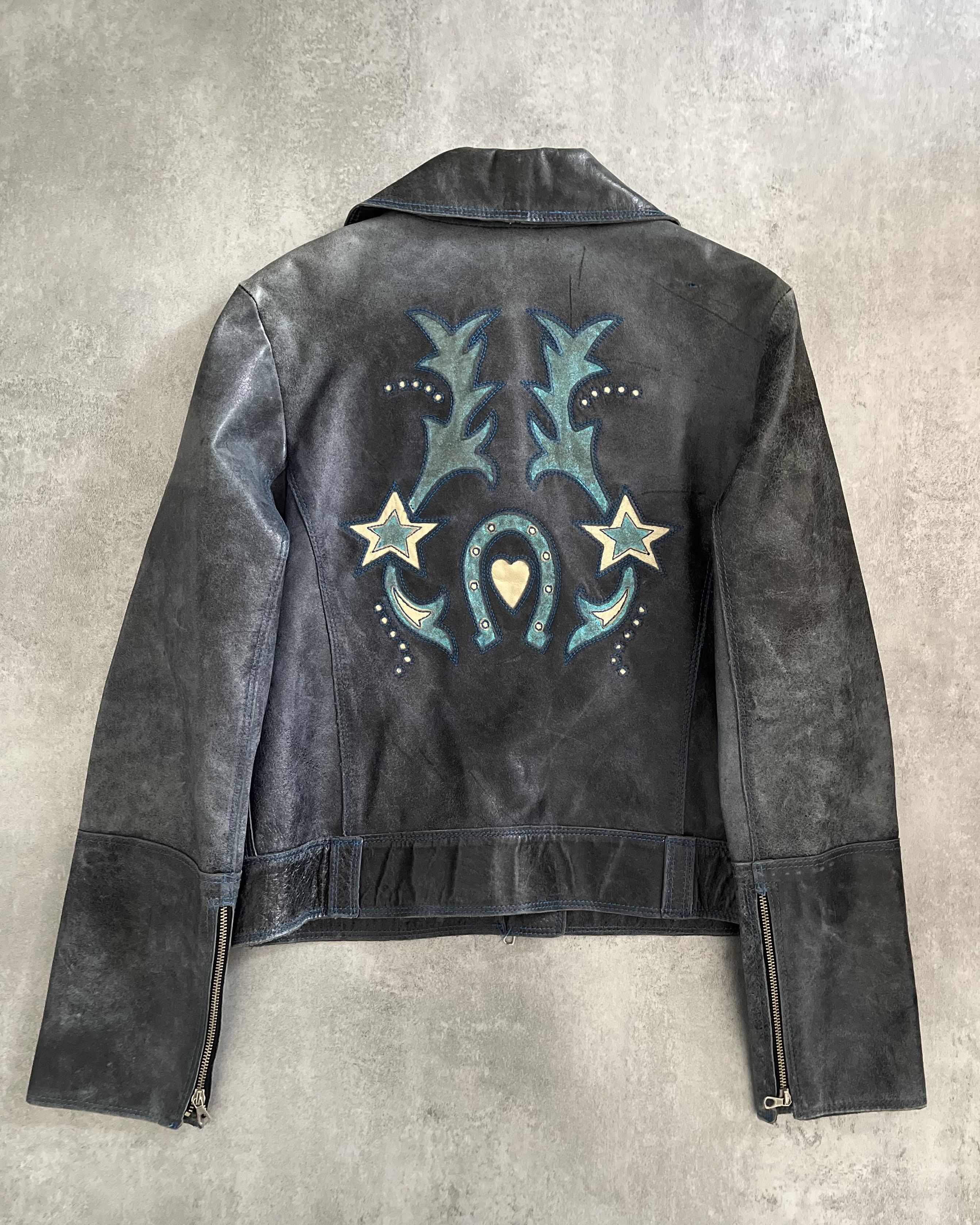 image of Archival Clothing x Roberto Cavalli Aw2001 Roberto Cavalli Blue Faded Biker Jacket, Women's (Size X