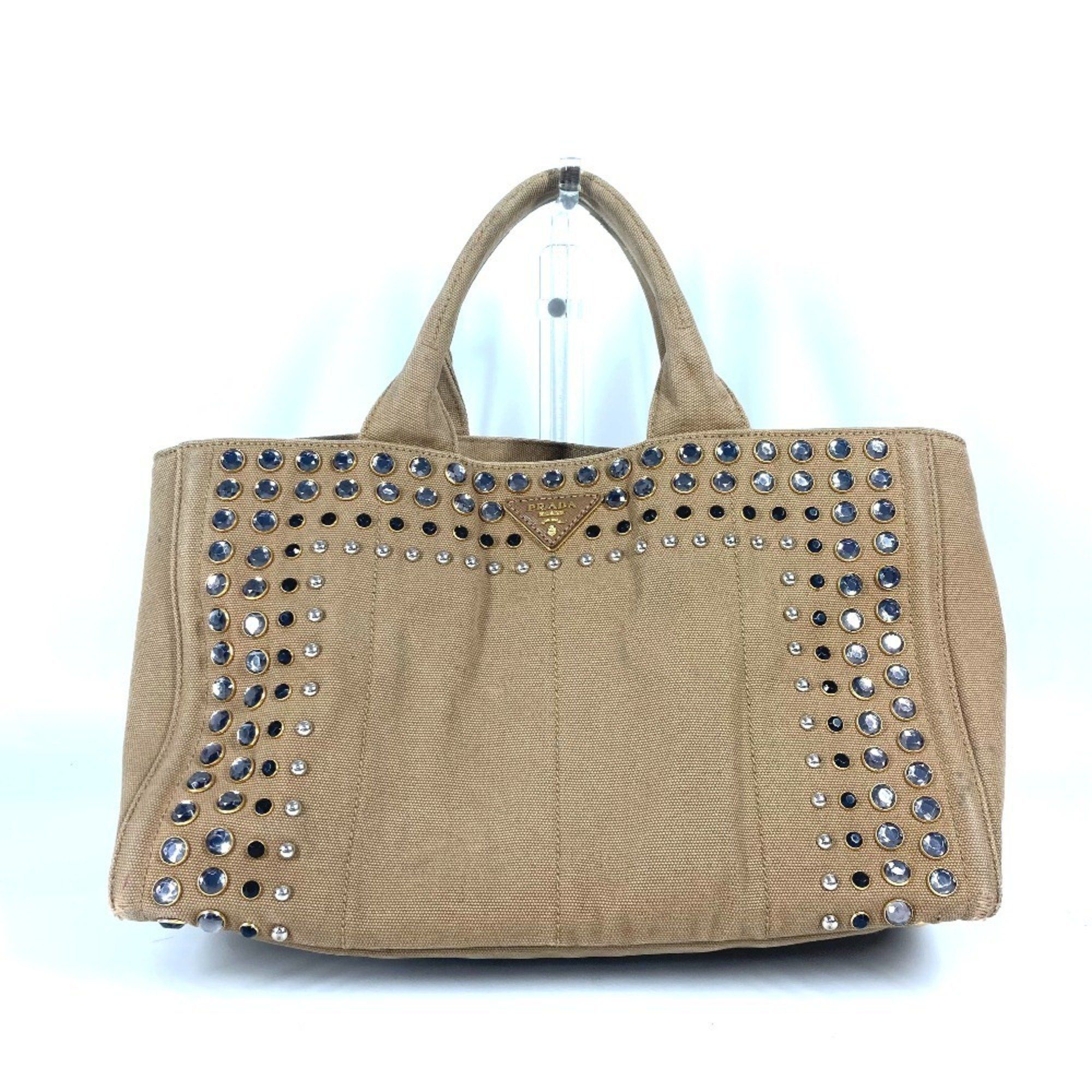 Prada Canapa Logo Studs Tote Bag Shoulder Handbag Canvas Women's Beige