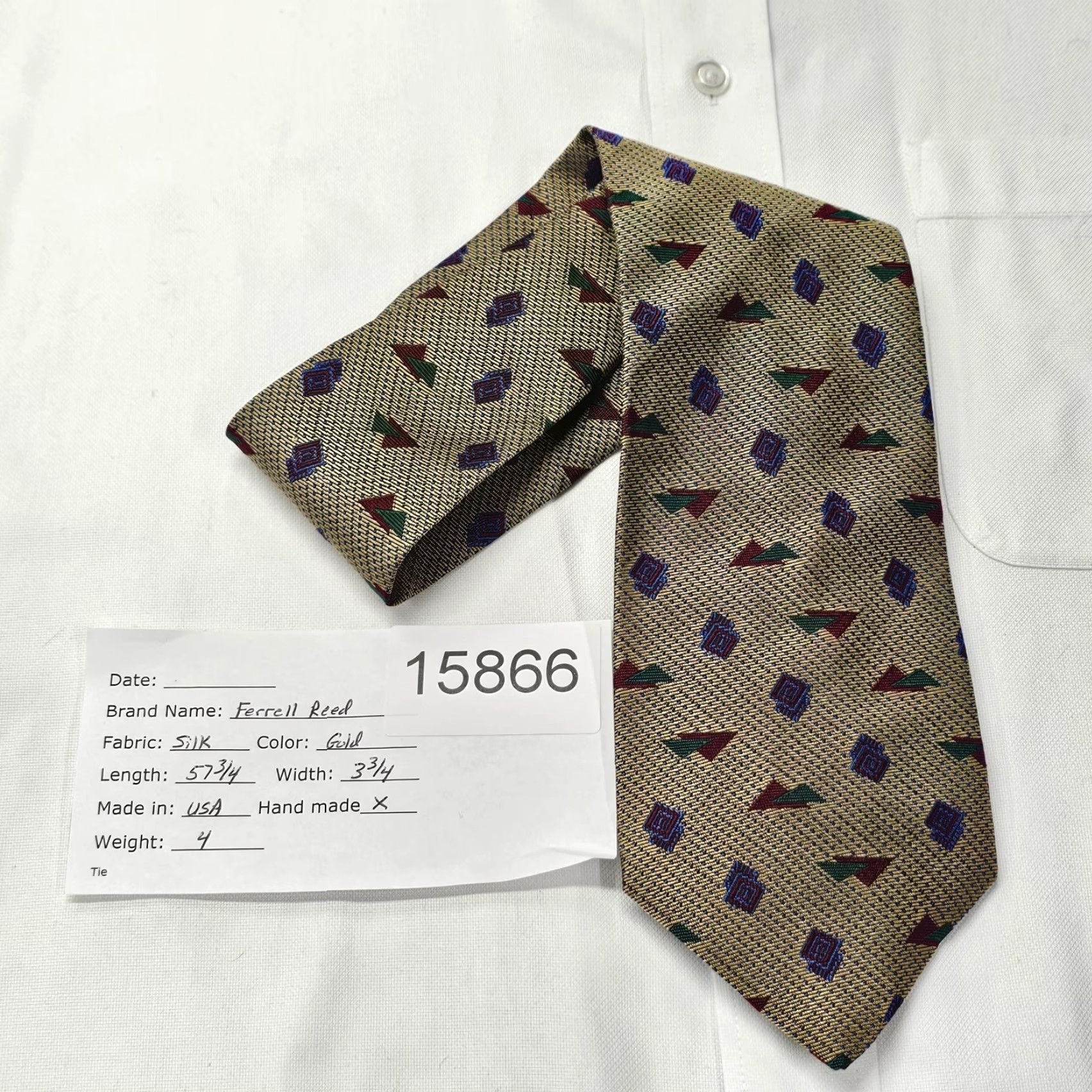 Vintage FERRELL REED Tie Men Gold Silk Geometric Retro Office Wear USA 57.75" X 3.75" 1990s Mens Neckwear Size ONE SIZE - 7 Thumbnail