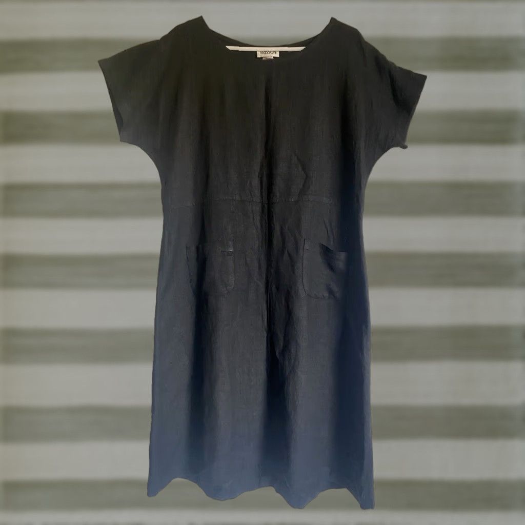 Vintage VINTAGE Frisson Women's Linen Midi Dress Short Sleeve Made in USA Sz L Black Pockets 90s Bohemian A-Line Casual Modern Classics Womens Size 36" / US 14 / IT 50 - 1 Thumbnail